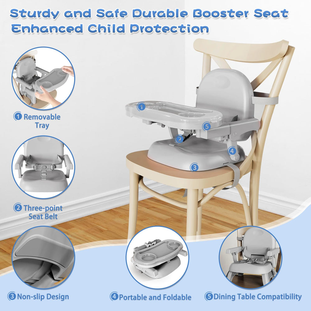 Removable tray on the Mostop booster seat for quick cleaning and versatile use.