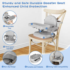 Removable tray on the Mostop booster seat for quick cleaning and versatile use.