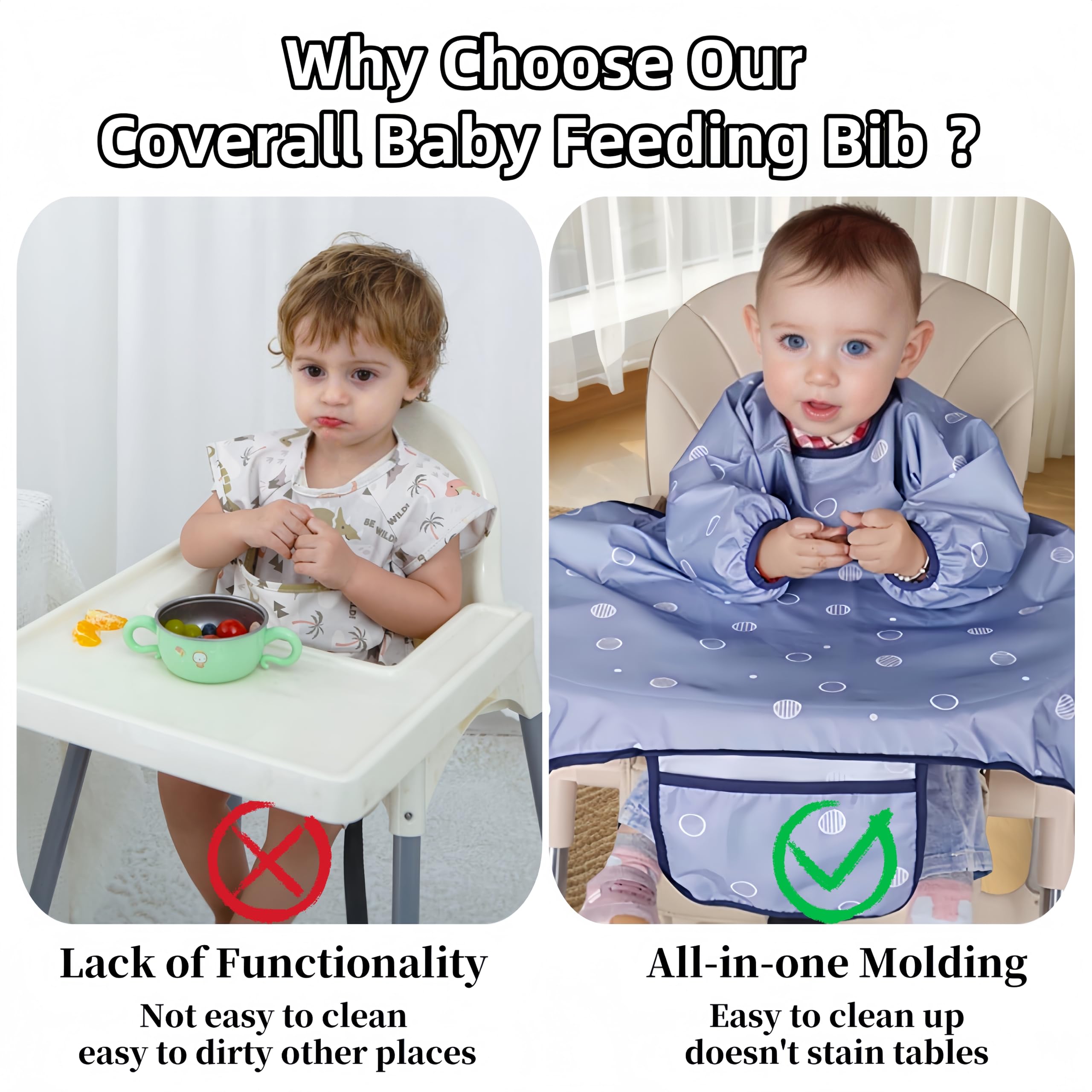 MOTEERLLU Coverall bib attaches securely to highchairs and tables.