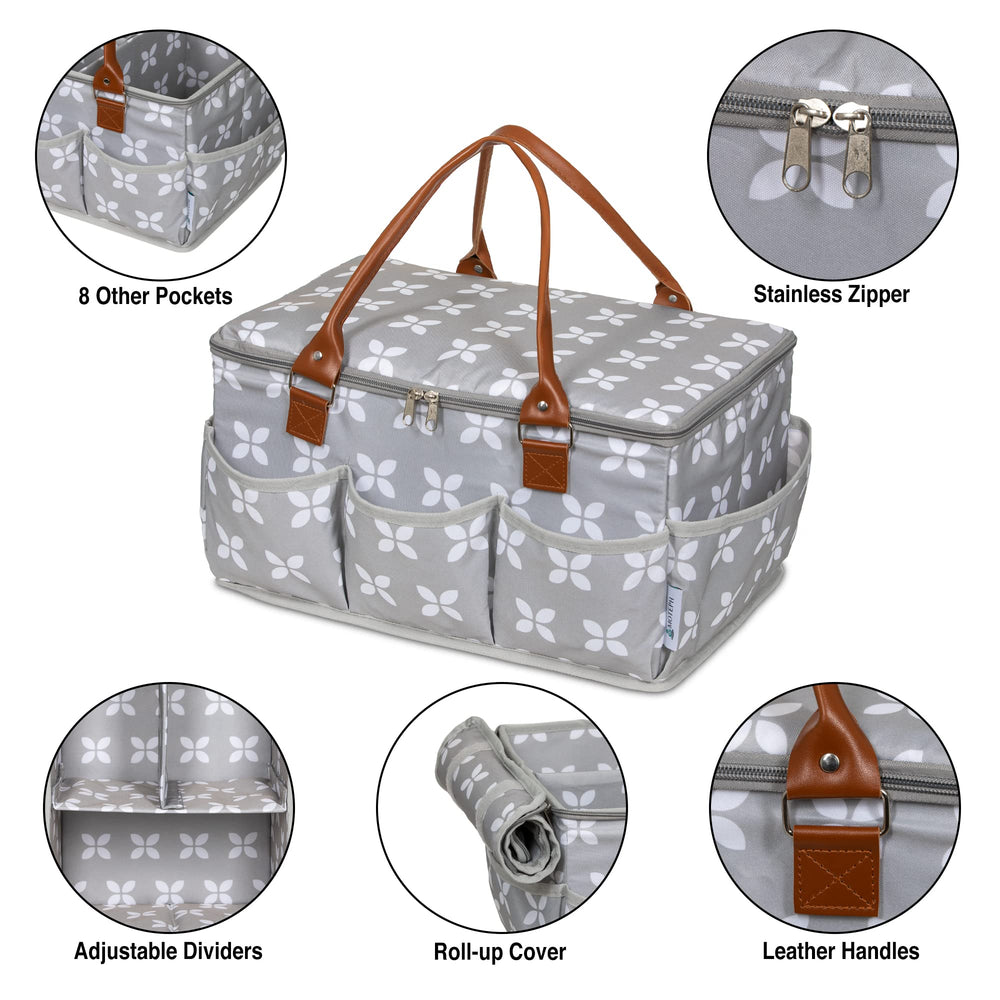 Moteph caddy interior dividers provide flexible space for diapers, bottles, and toys.