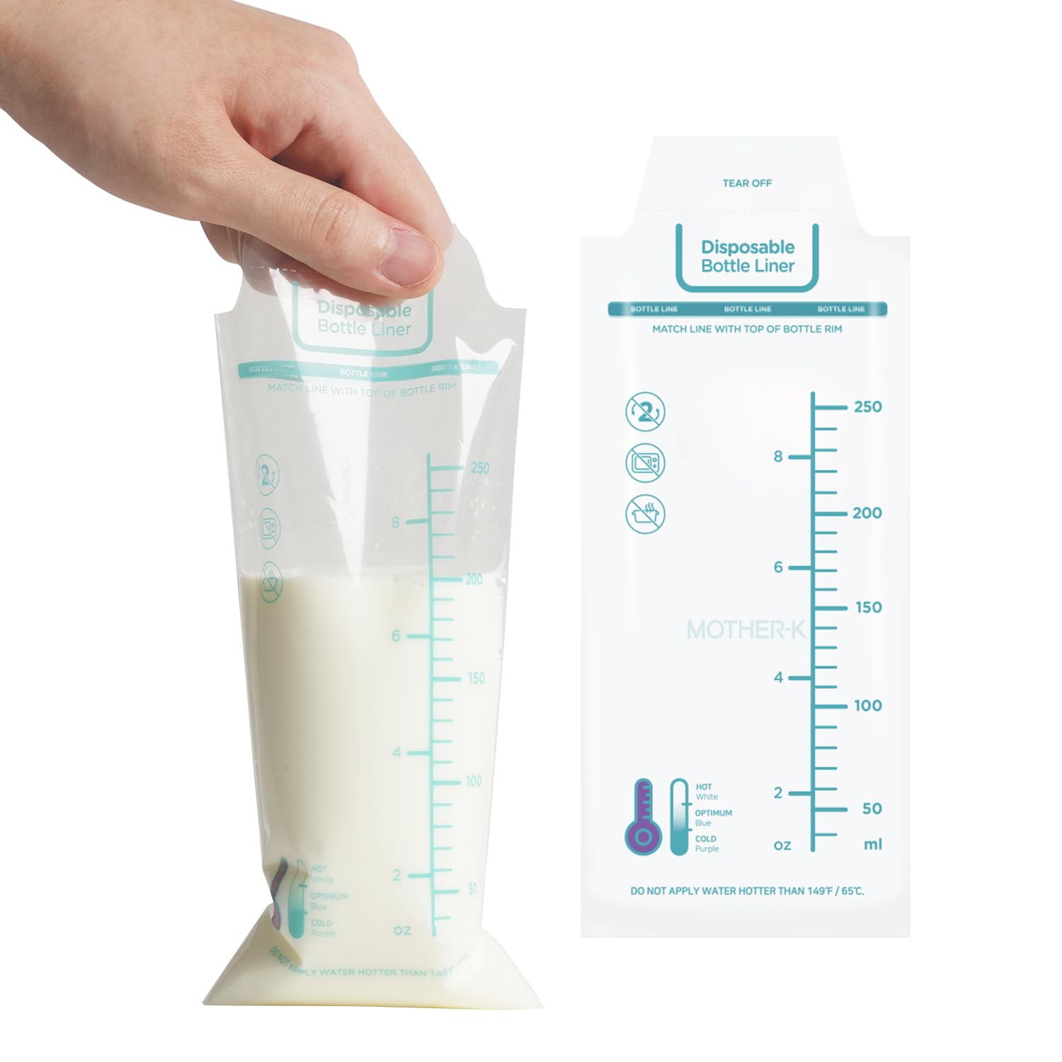 Liner being inserted into a wide-neck bottle for quick feeding.