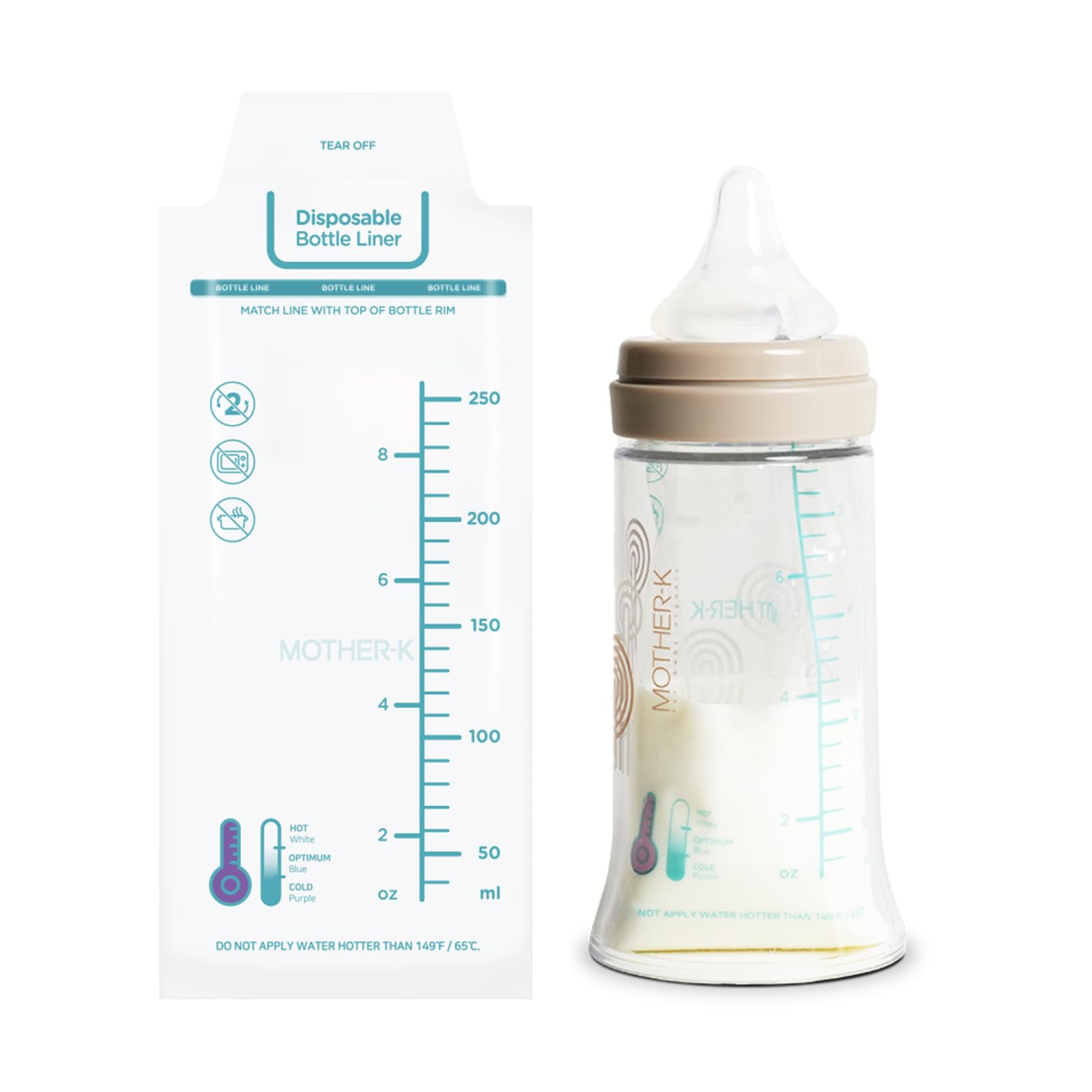Liner secured at the neck to fit most bottles.