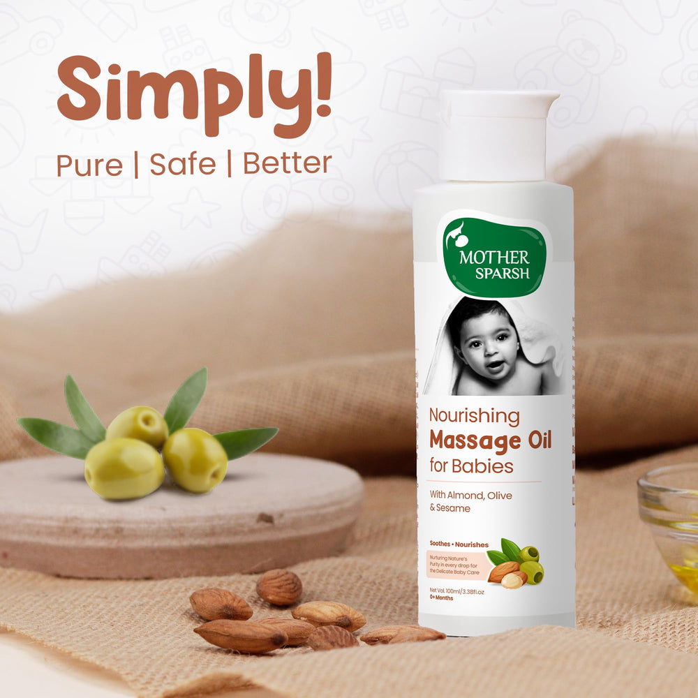 Mother Sparsh herbal oil blend close-up showcases 18 extracts for skin nourishment.