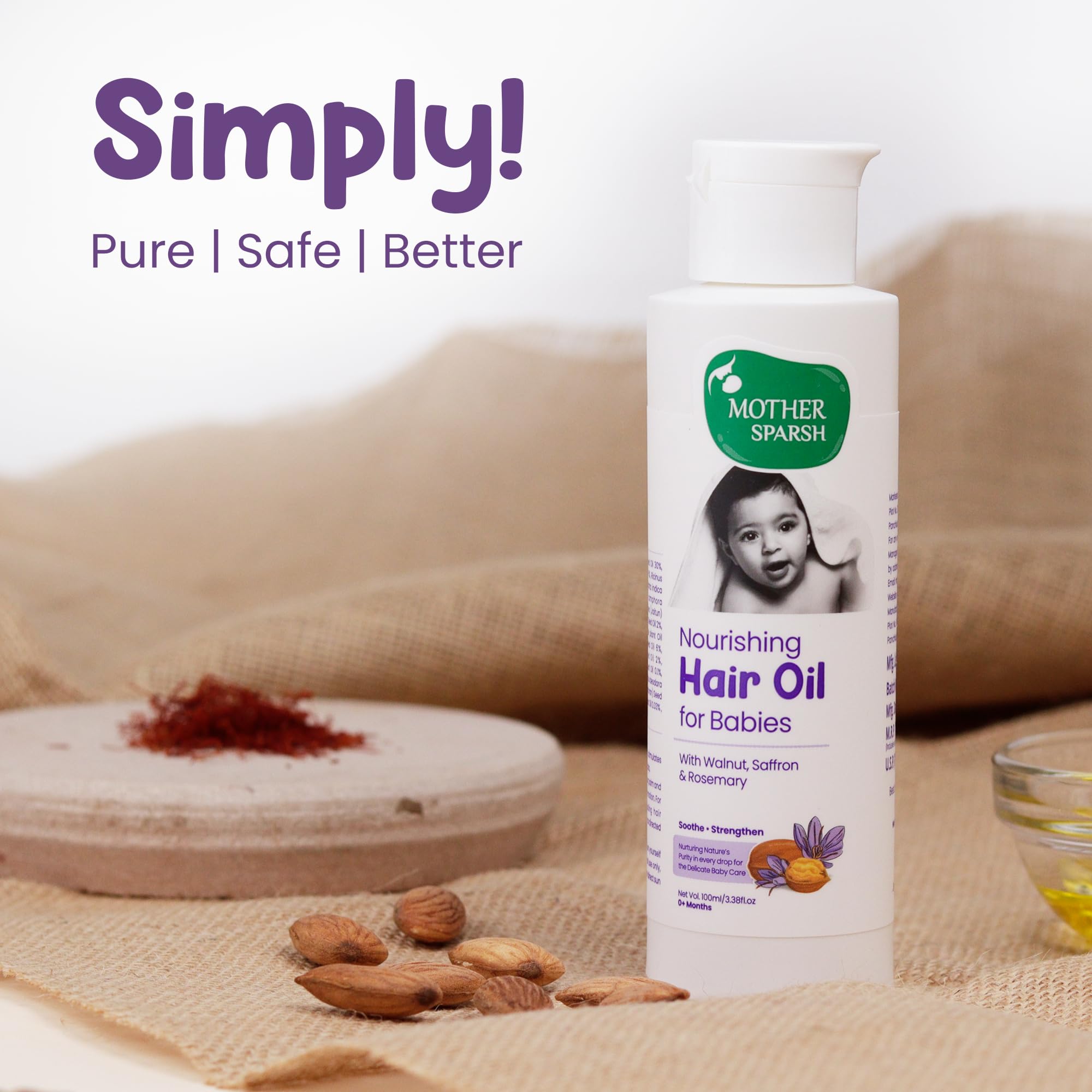 Mother Sparsh Baby Hair Oil 100 ml bottle ready for use.
