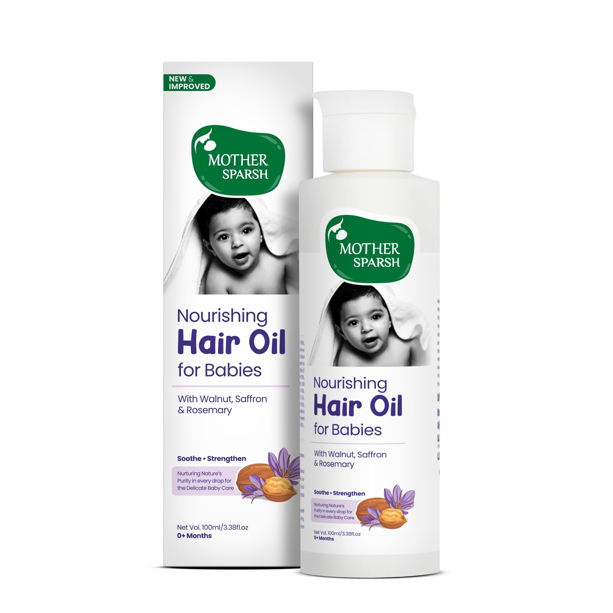 Mother Sparsh Baby Hair Oil Ayurvedic blend nourishes the scalp gently.