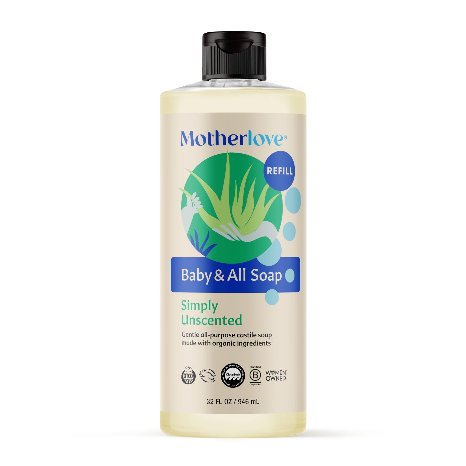 Motherlove Baby & All Soap bottle pour for easy bath-time use.