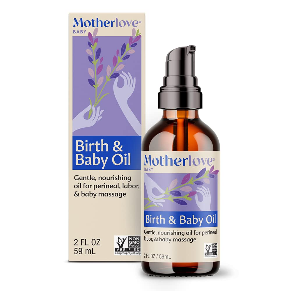 Motherlove Birth & Baby Oil lavender bottle for easy perineal and baby massage