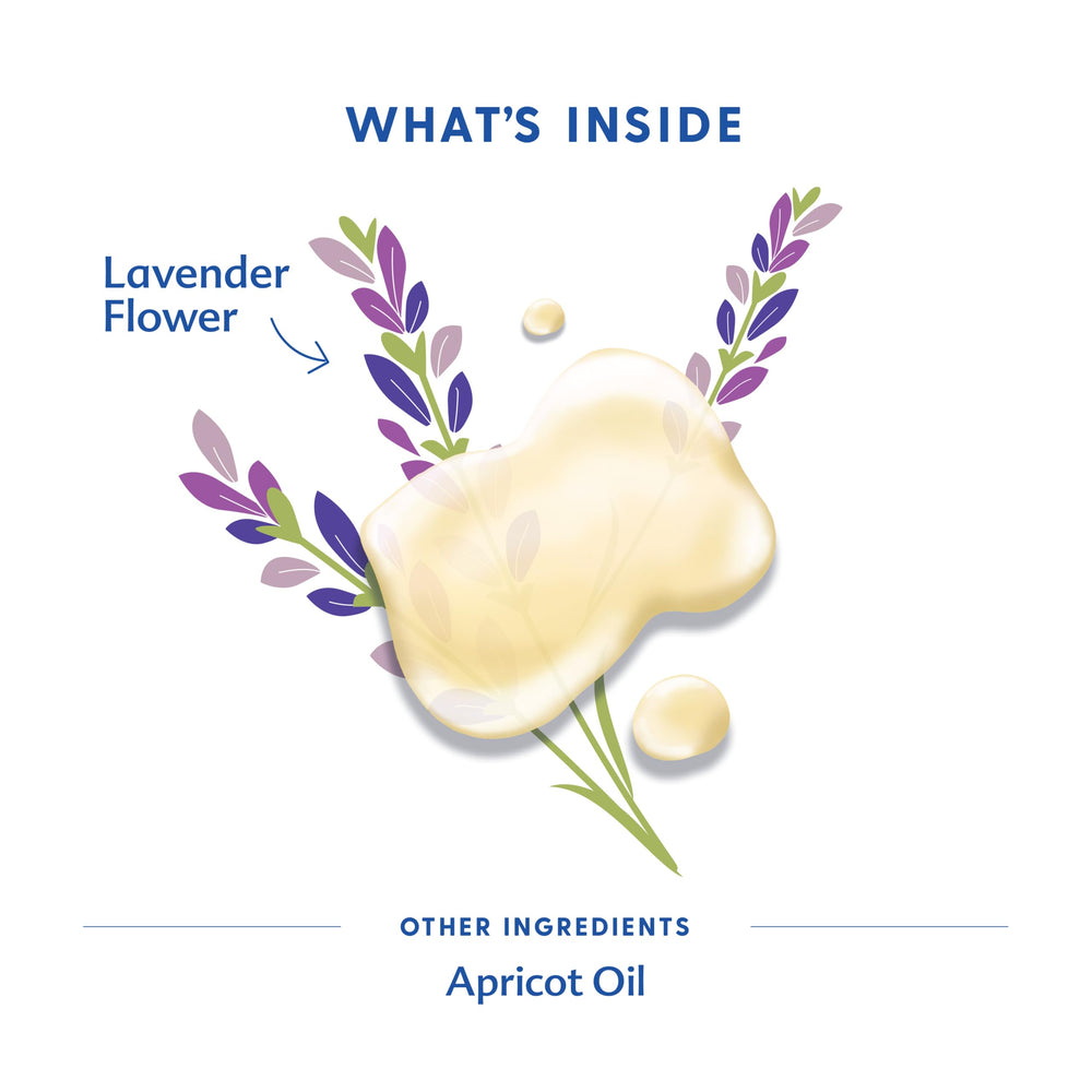 Lavender flowers and oil emphasize organic herbs used in Motherlove Birth & Baby Oil