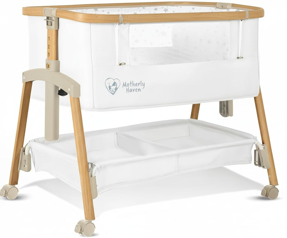 Motherly Haven bassinet 3-in-1 design showcases versatile sleeping setup for newborns.