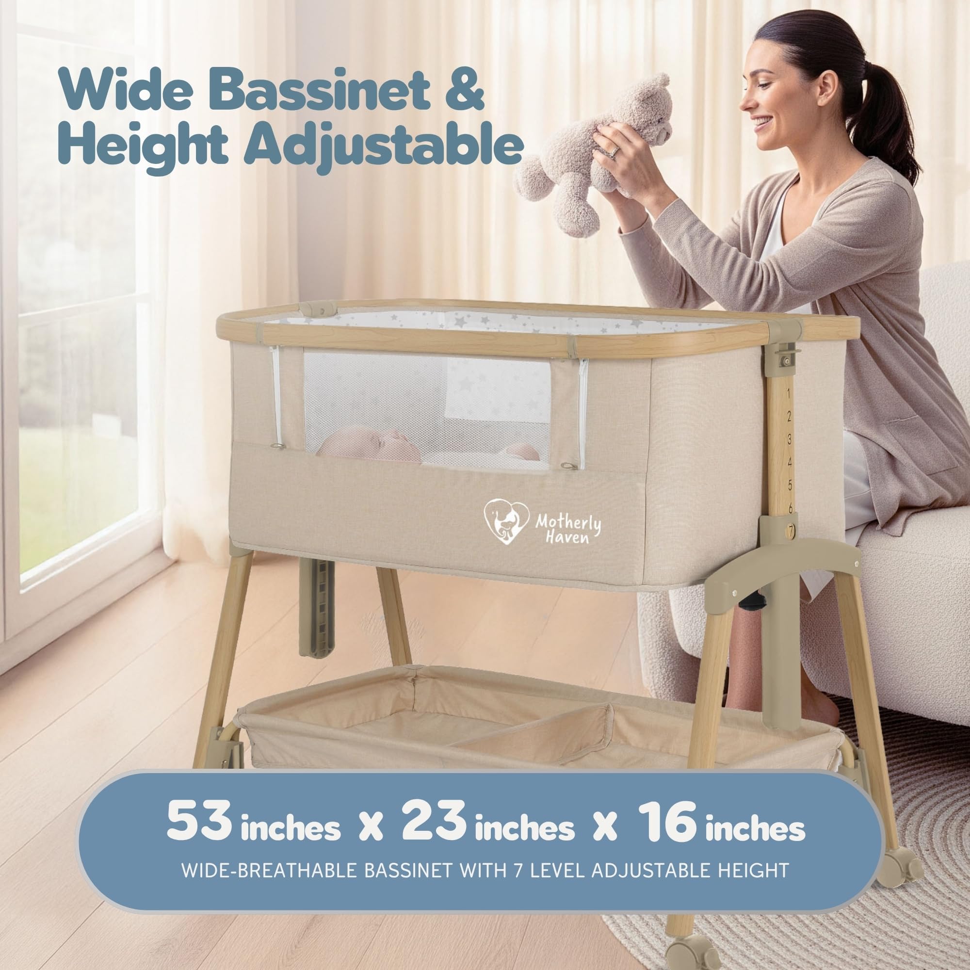 Motherly Haven 7-height adjustable bassinet matches bed height for convenience.