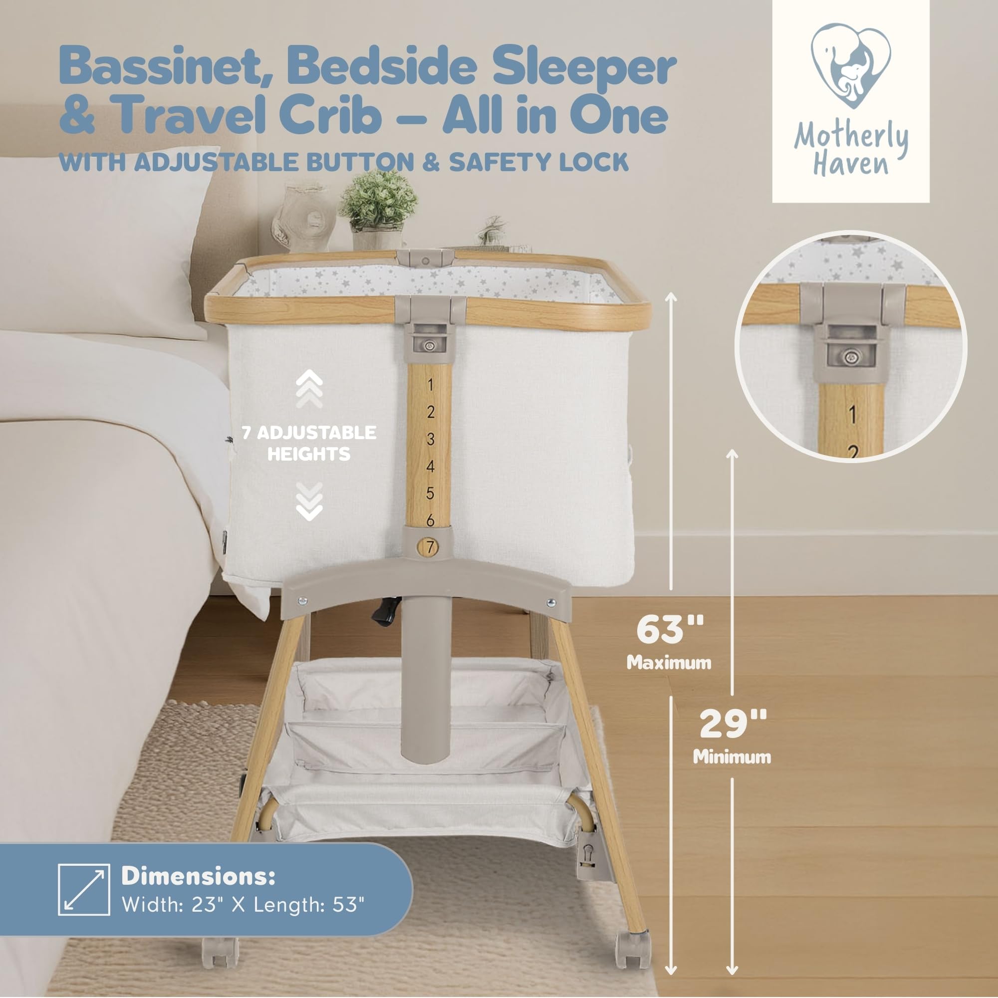 Motherly Haven adjustable-height bassinet fits various bed heights for parents