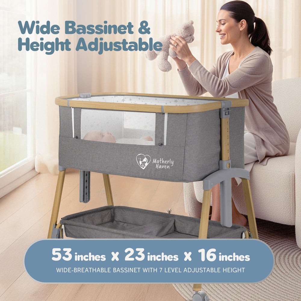 Motherly Haven bassinet height-adjustment lever shows easy bed height alignment.