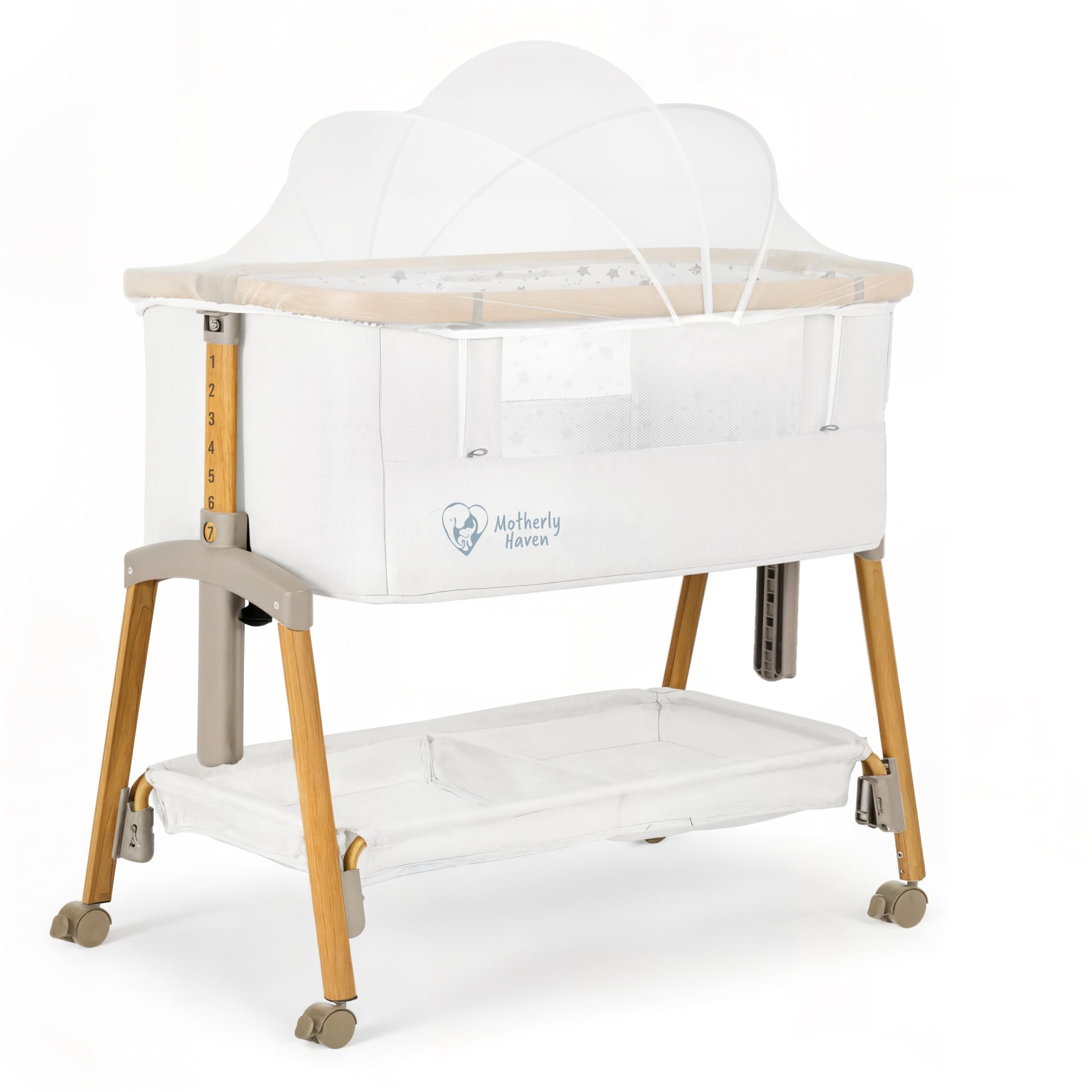 Motherly Haven bassinet with mosquito net promotes breathable comfort around baby