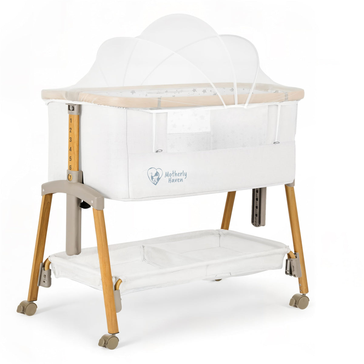 Motherly Haven bassinet with mosquito net promotes breathable comfort around baby