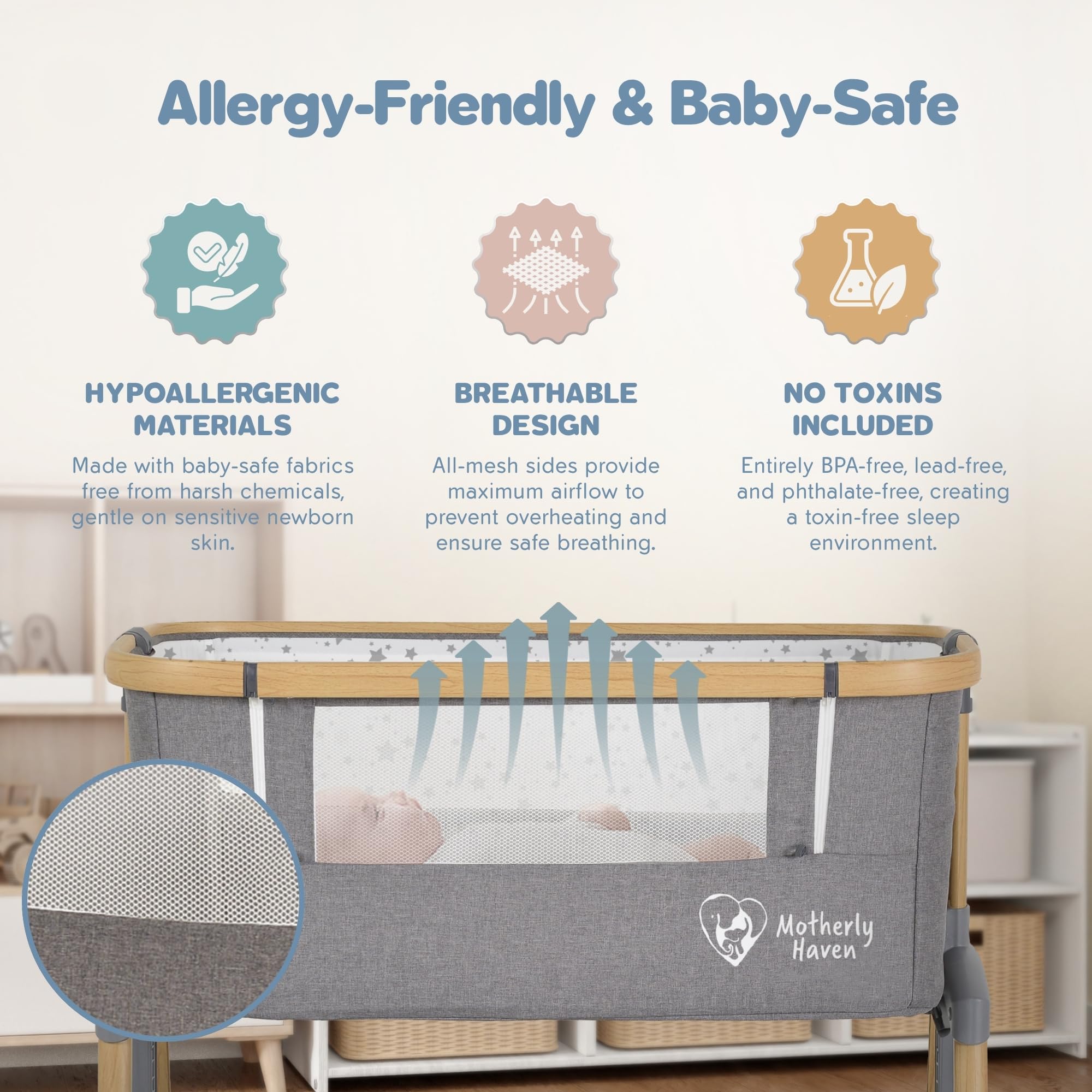 Motherly Haven bassinet under-storage drawers keep essentials within arm's reach.
