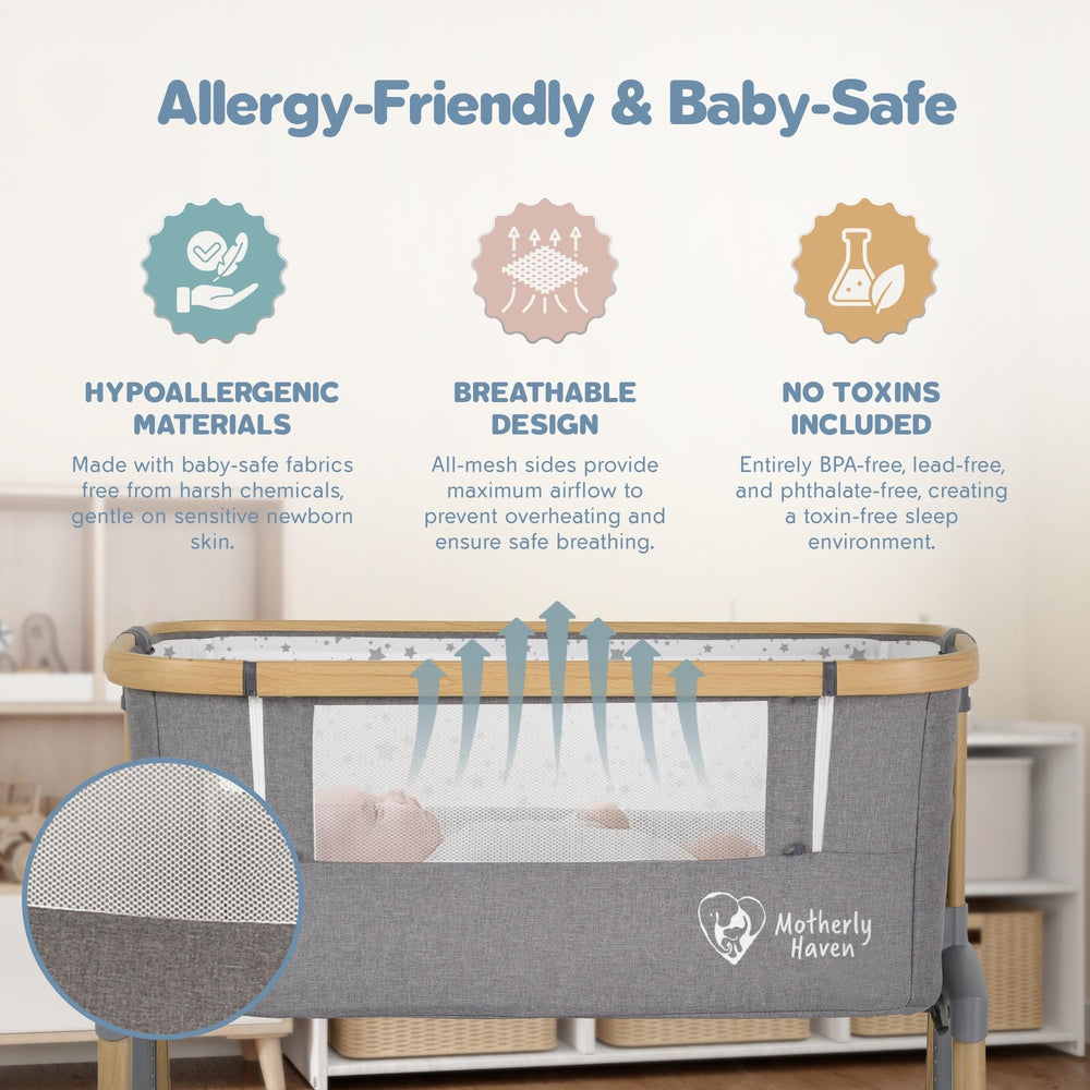 Motherly Haven bassinet under-storage drawers keep essentials within arm's reach.