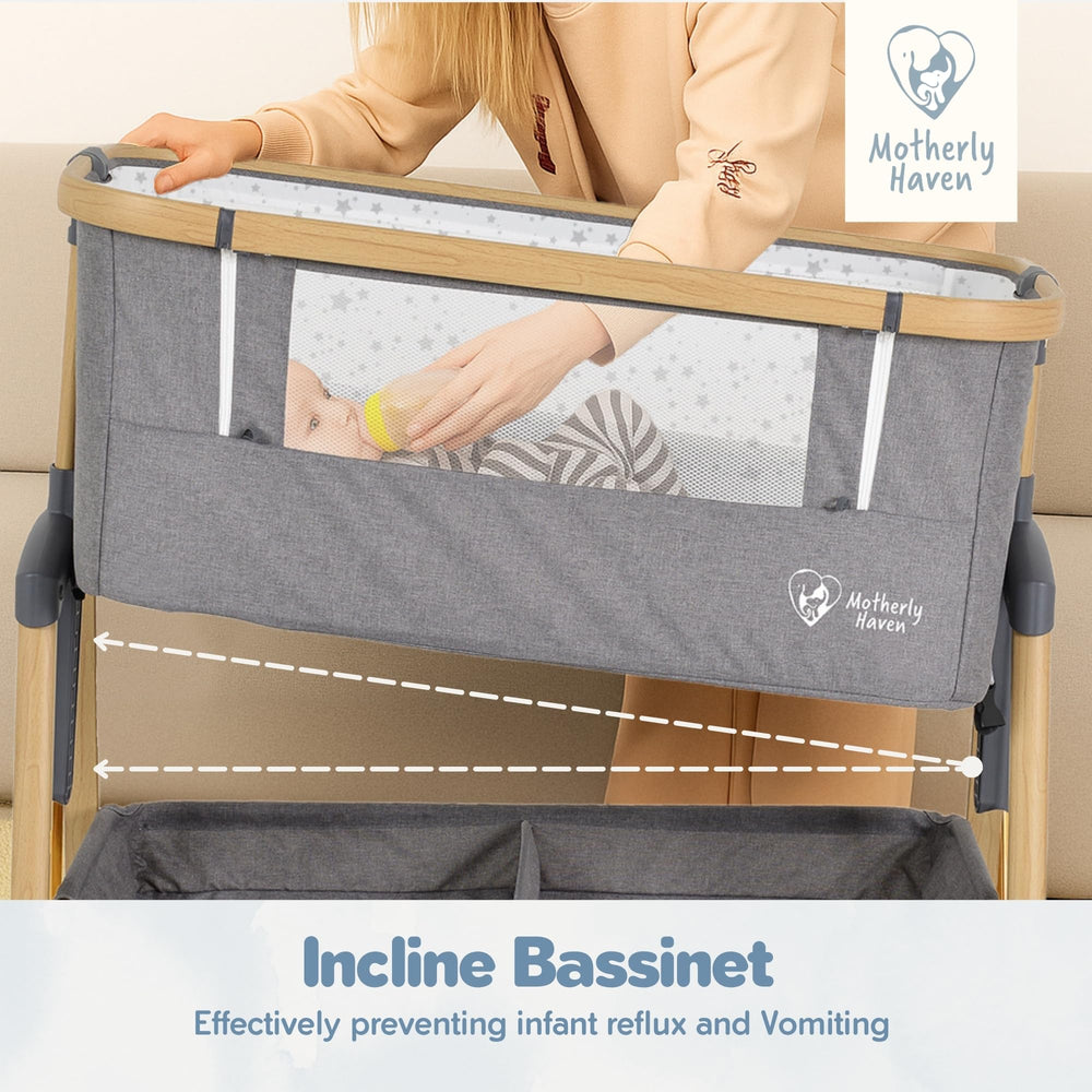 Motherly Haven bassinet wheels with locks enable safe, smooth room-to-room moves.