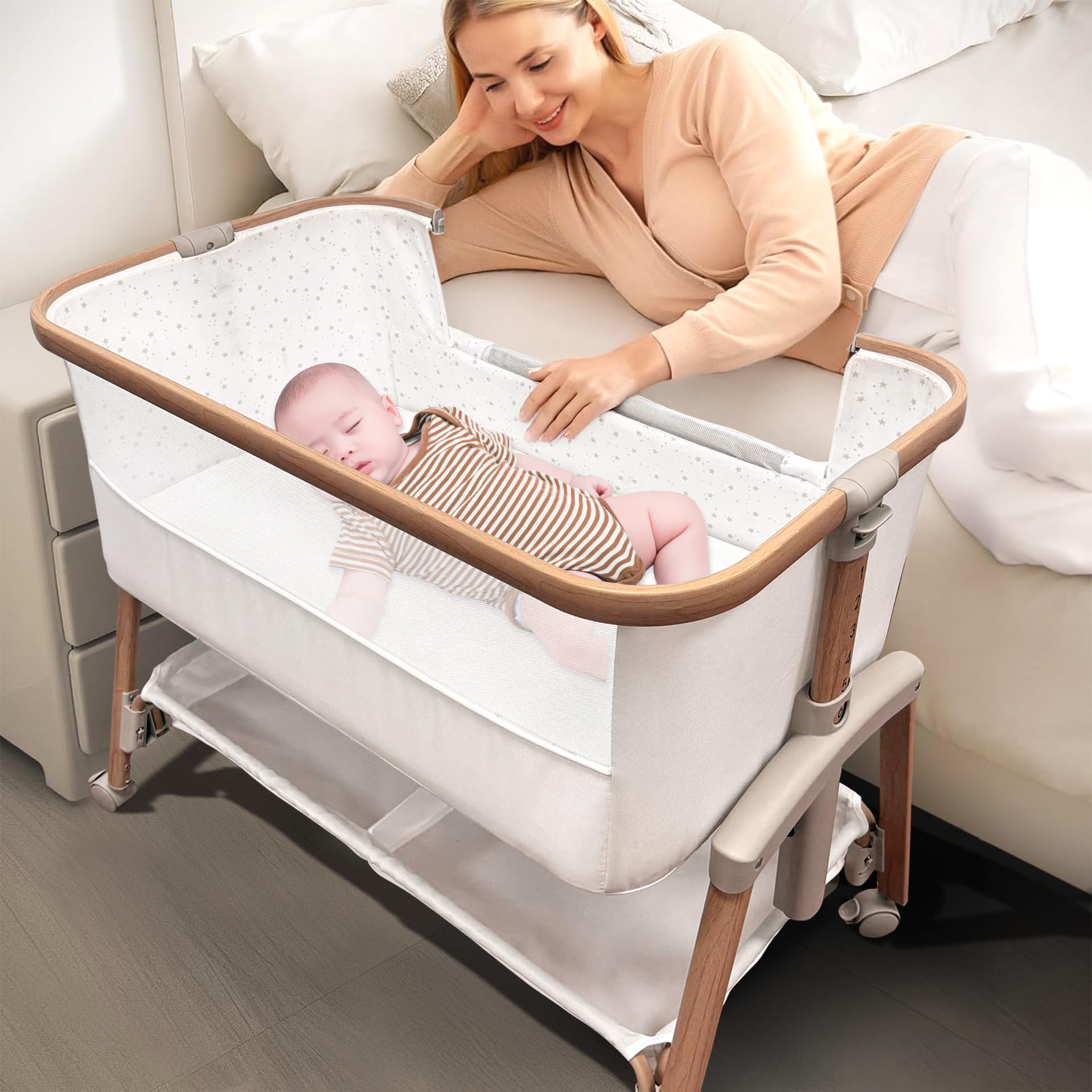Motherly Haven bedside sleeper beside bed for easy nighttime soothing and feeding.
