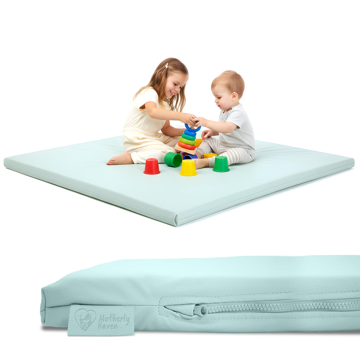 Motherly Haven green play mat cover fits 50x50 mat for a soft, wipe-clean tummy time surface.