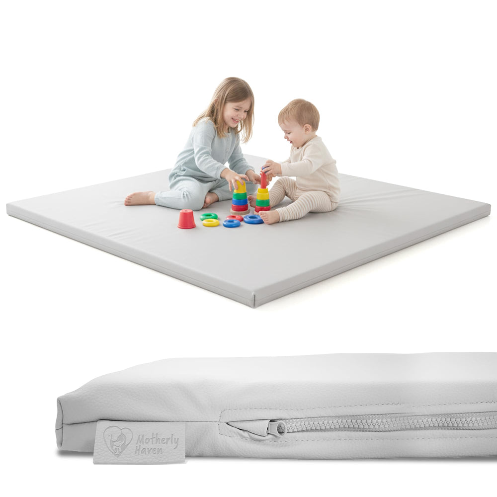 Motherly Haven play mat cover on grey mat for clean tummy time surface