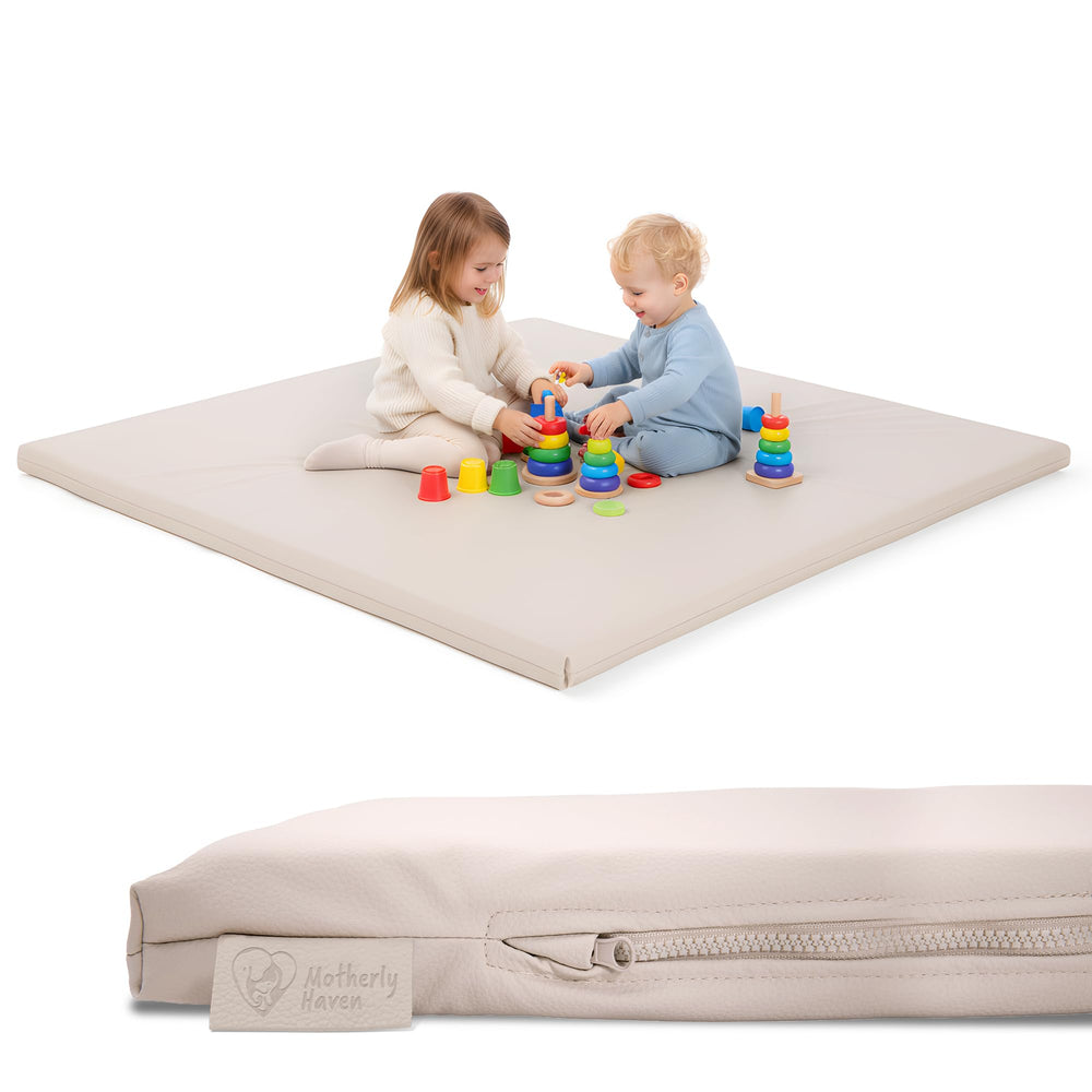 Motherly Haven play mat cover on a mat, soft protection for tummy time.