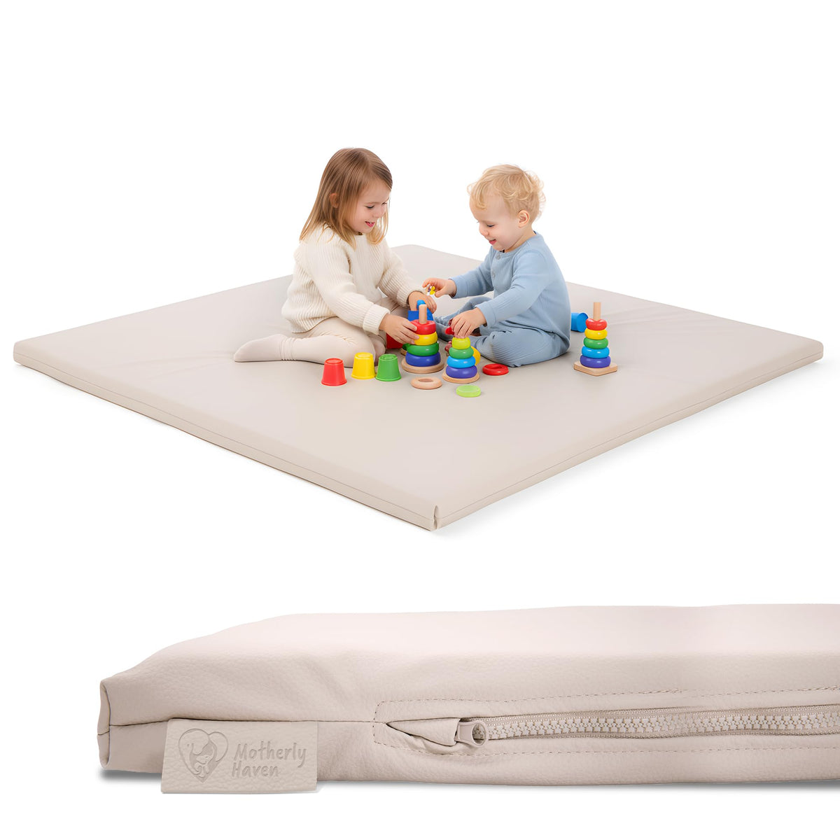 Motherly Haven play mat cover on a mat, soft protection for tummy time.