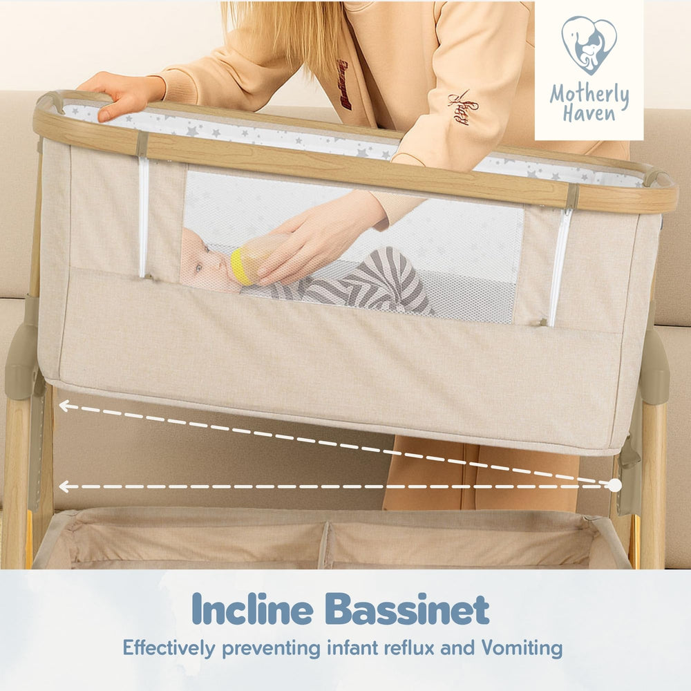 Motherly Haven portable bassinet with wheels enables easy room-to-room moves.