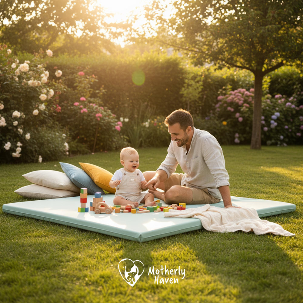 Motherly Haven green cover protects pads during tummy time and exploration.