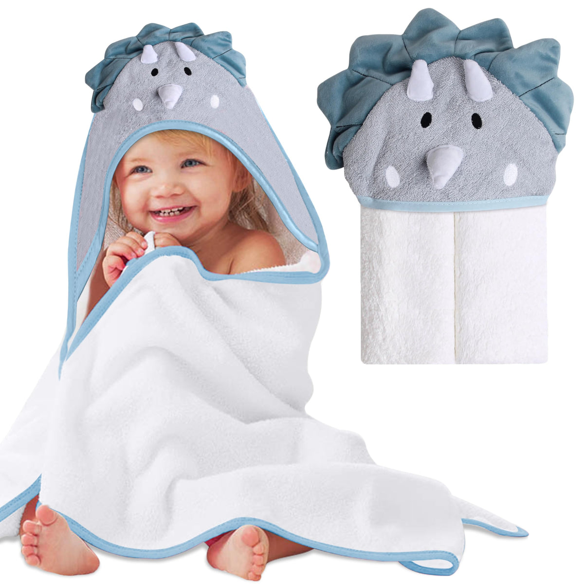 Mother's Choice baby hooded towel with dinosaur hood close-up shows soft cotton texture