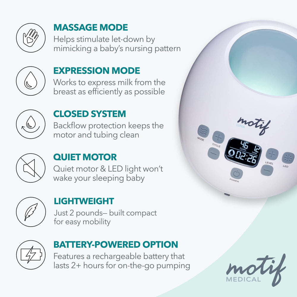 Motif Medical Luna night-light and quiet motor for calm night-time pumping.