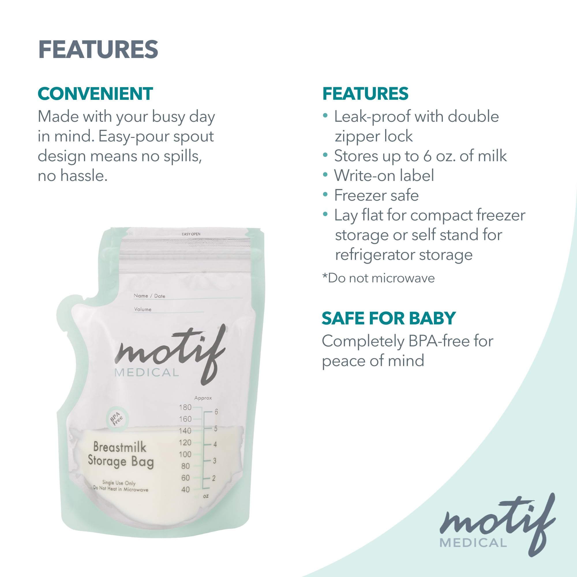 Motif Medical 100-count flat bags save freezer space.