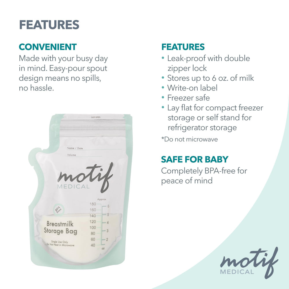 Motif Medical 100-count flat bags save freezer space.