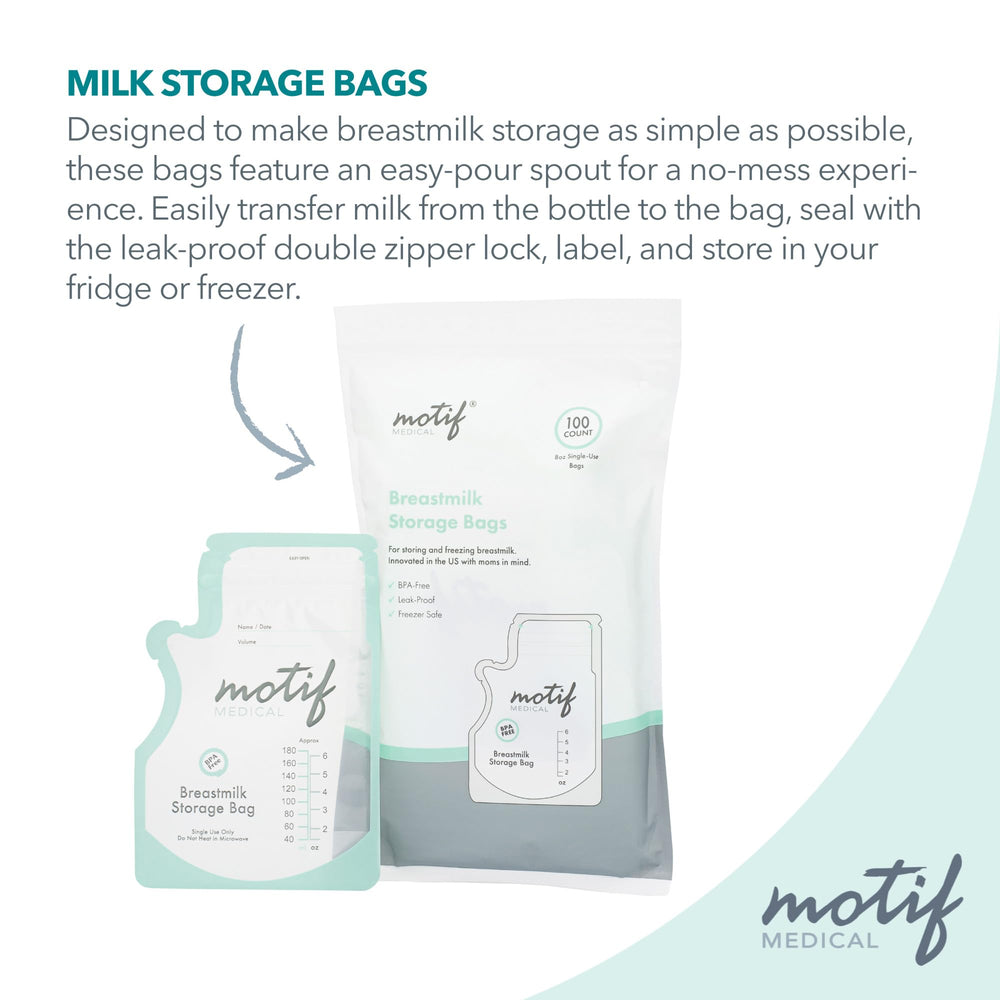Motif Medical 6 oz bags hold precise milk portions for daily feeds.