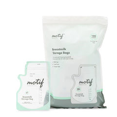 Motif Medical breastmilk bags with easy pour spout for mess-free milk transfer.