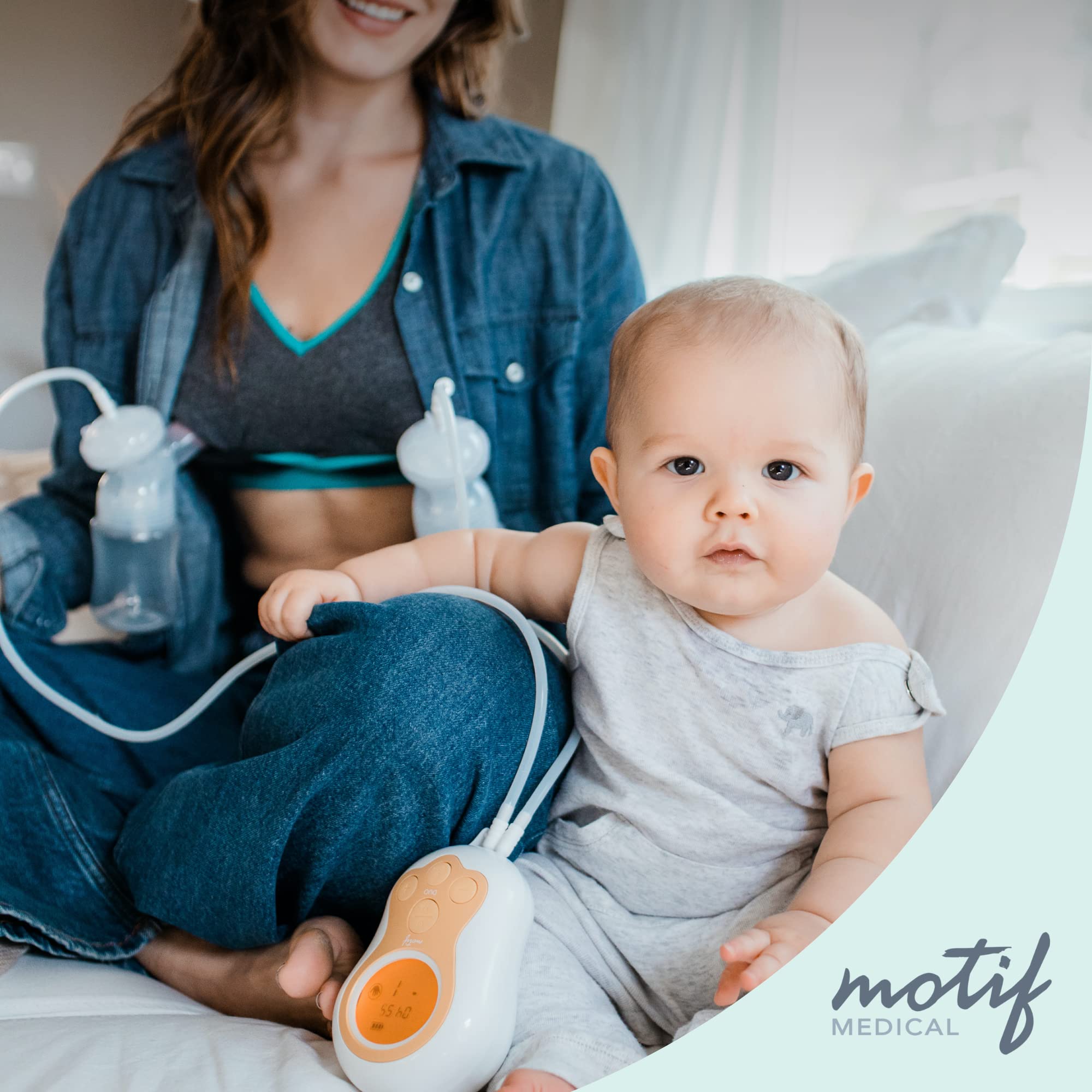 Motif Medical Duo pump on-the-go use depicted for portable pumping.