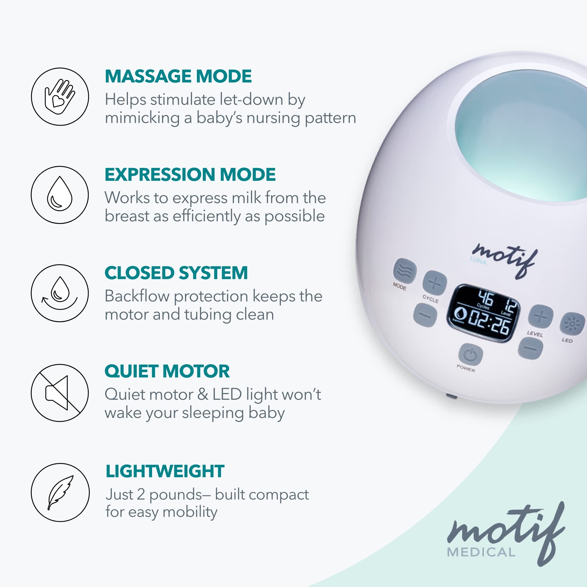 Motif Medical Luna hospital-grade suction for comfortable dual pumping