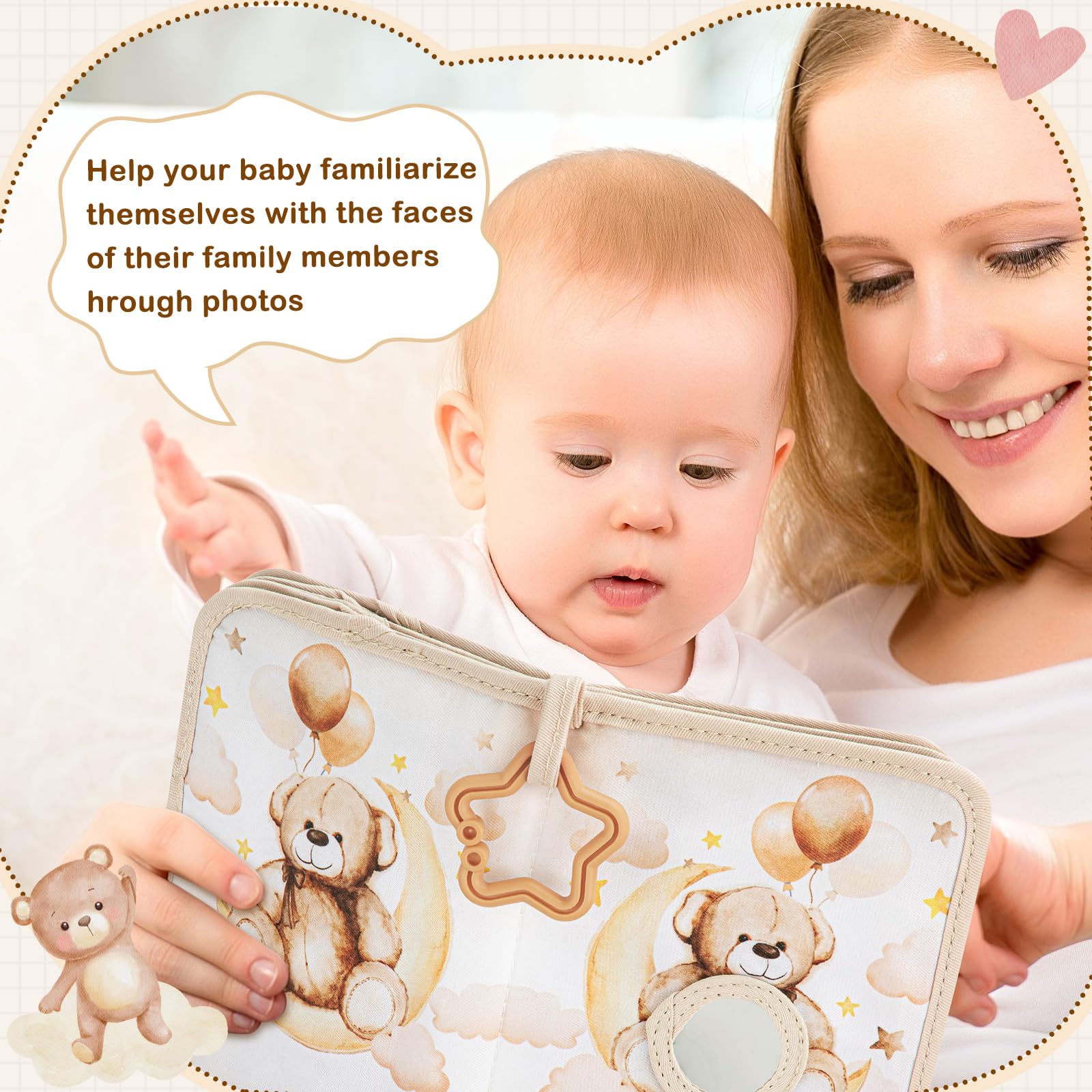 Star-shaped attachment ring lets you secure the book to crib or stroller.