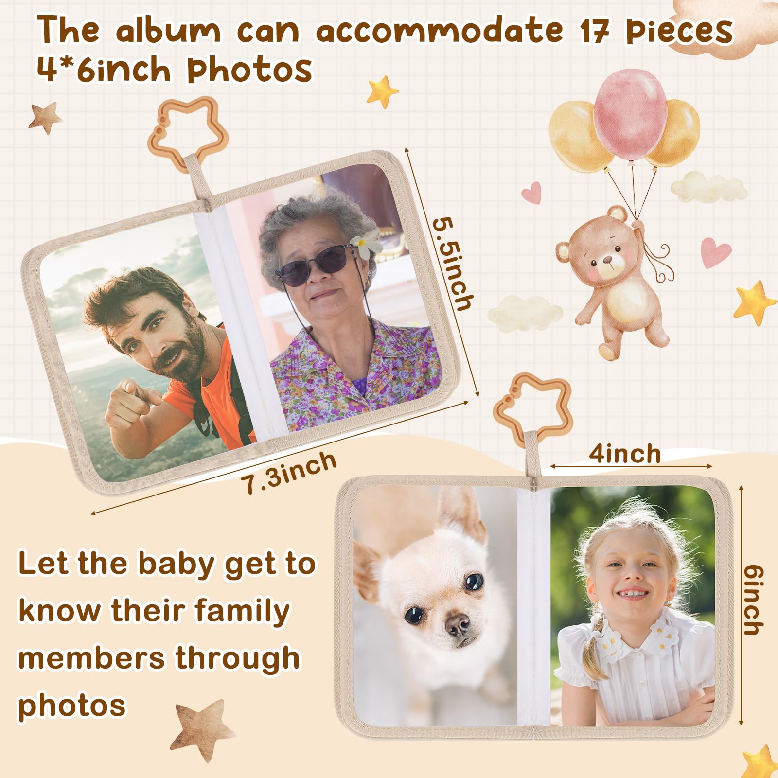 Soft fabric baby photo book in brown adds tactile engagement for little hands.