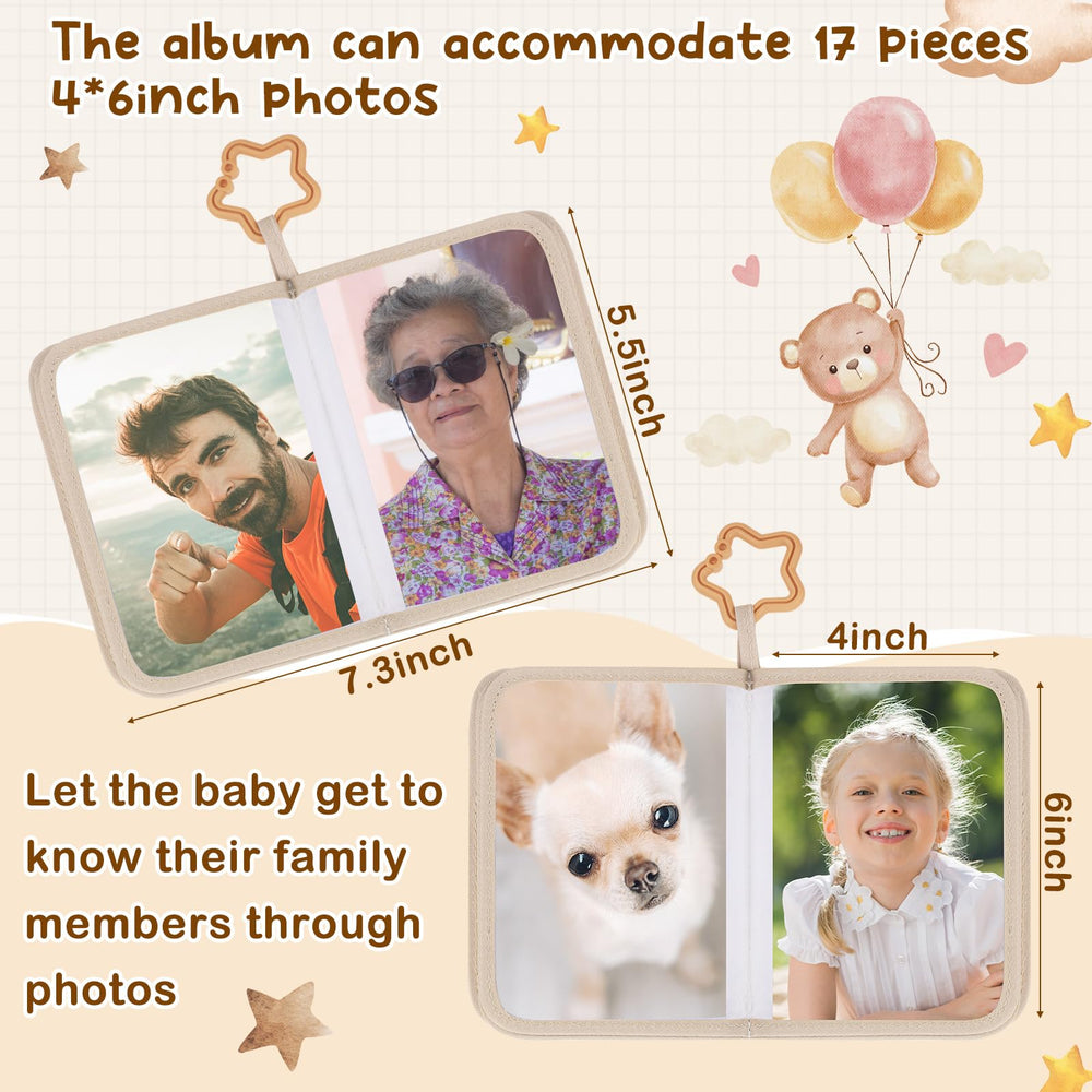 Soft fabric baby photo book in brown adds tactile engagement for little hands.