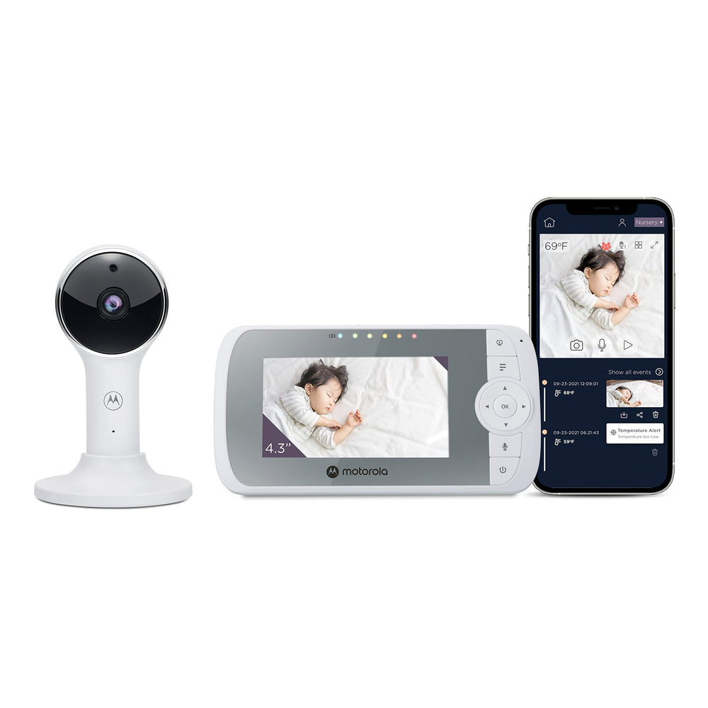 Motorola Nursery monitor shows 4.3-inch screen for easy, private viewing.
