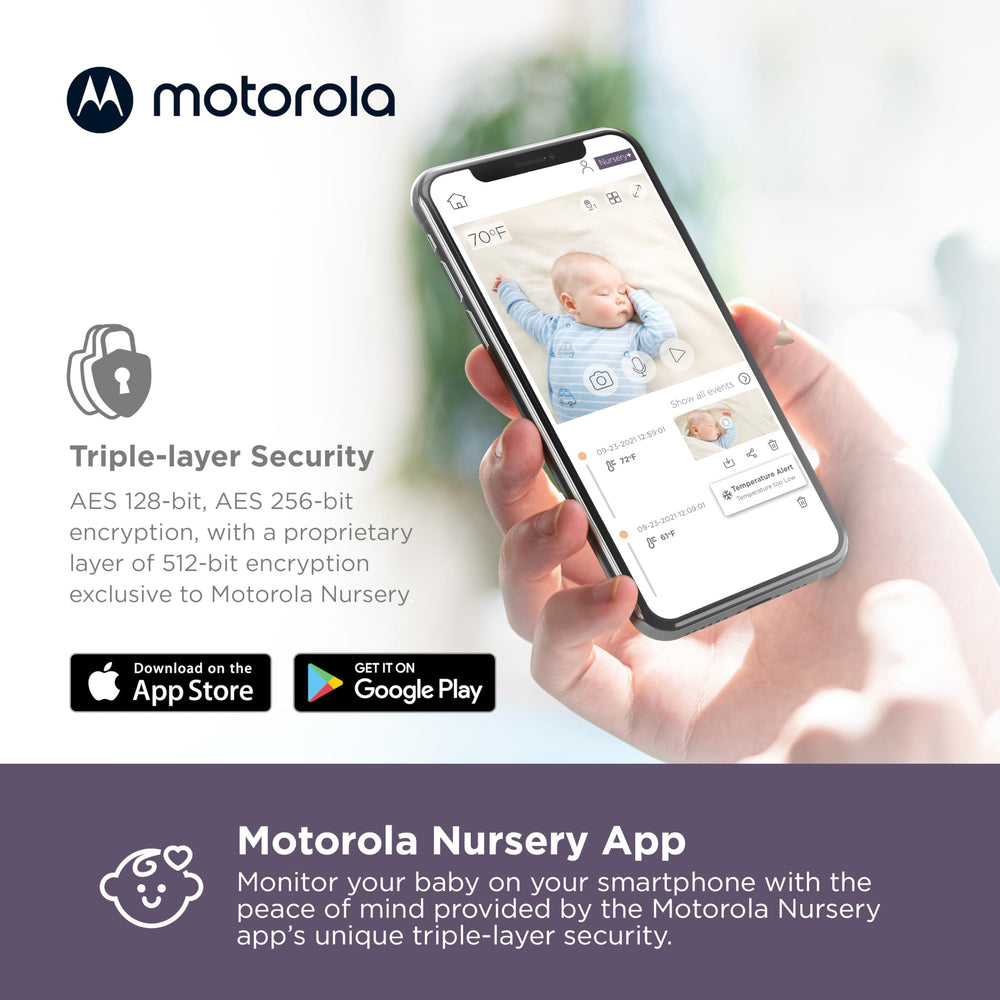 Motorola Nursery temperature sensor and lullabies help soothe and monitor.