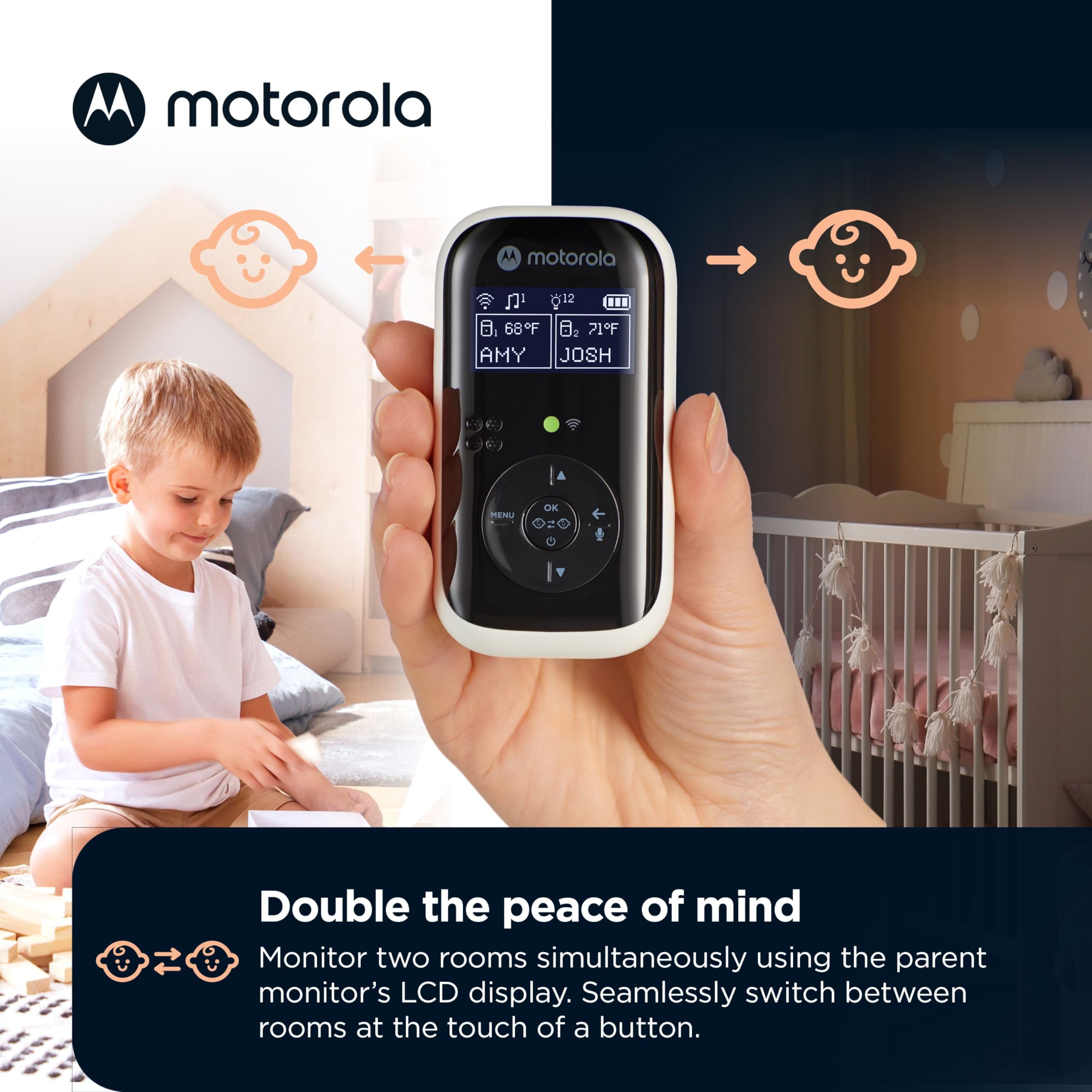 Motorola Nursery dual-room monitor unit with antenna for reliable audio
