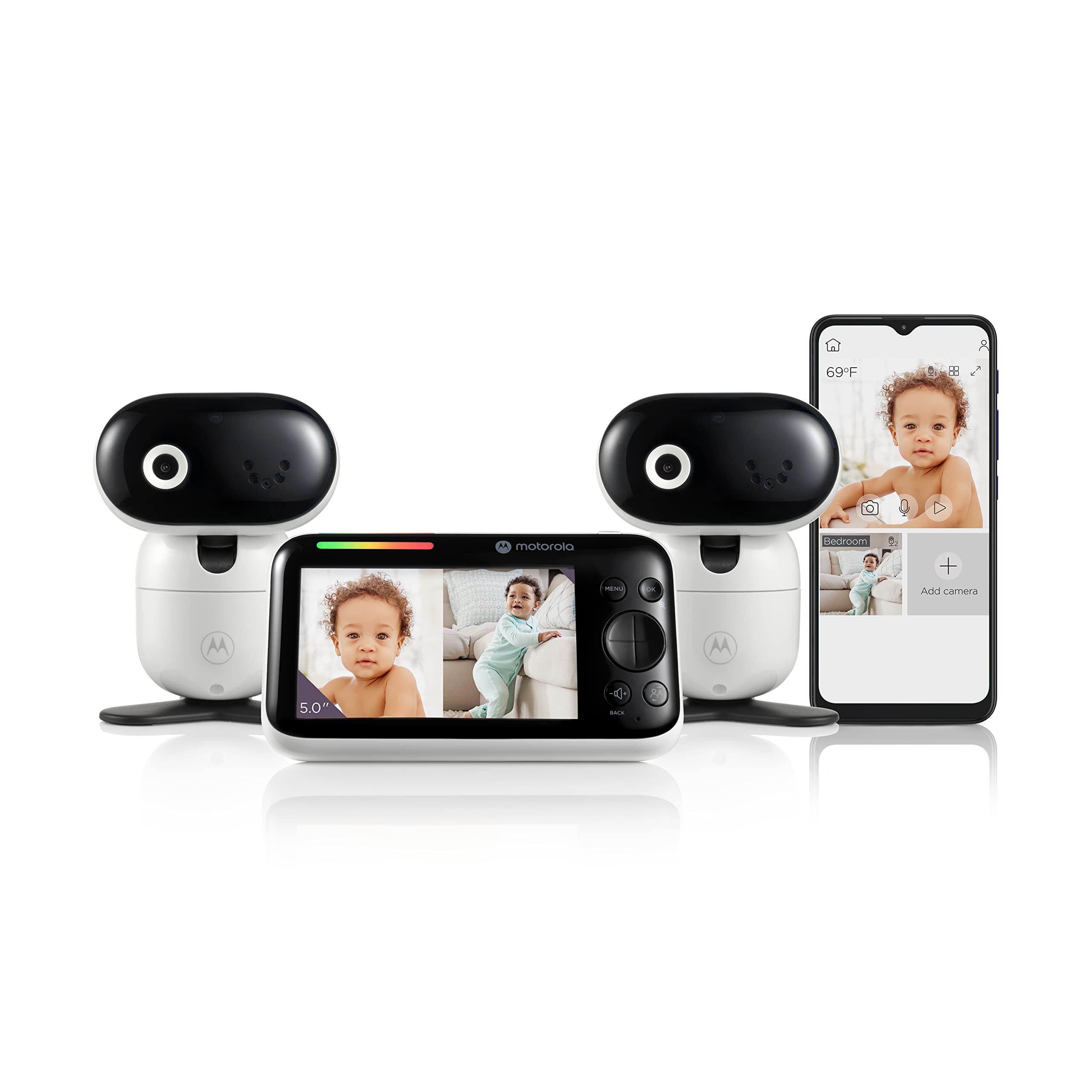 Motorola Nursery Monitor shows a two-camera setup for full nursery view