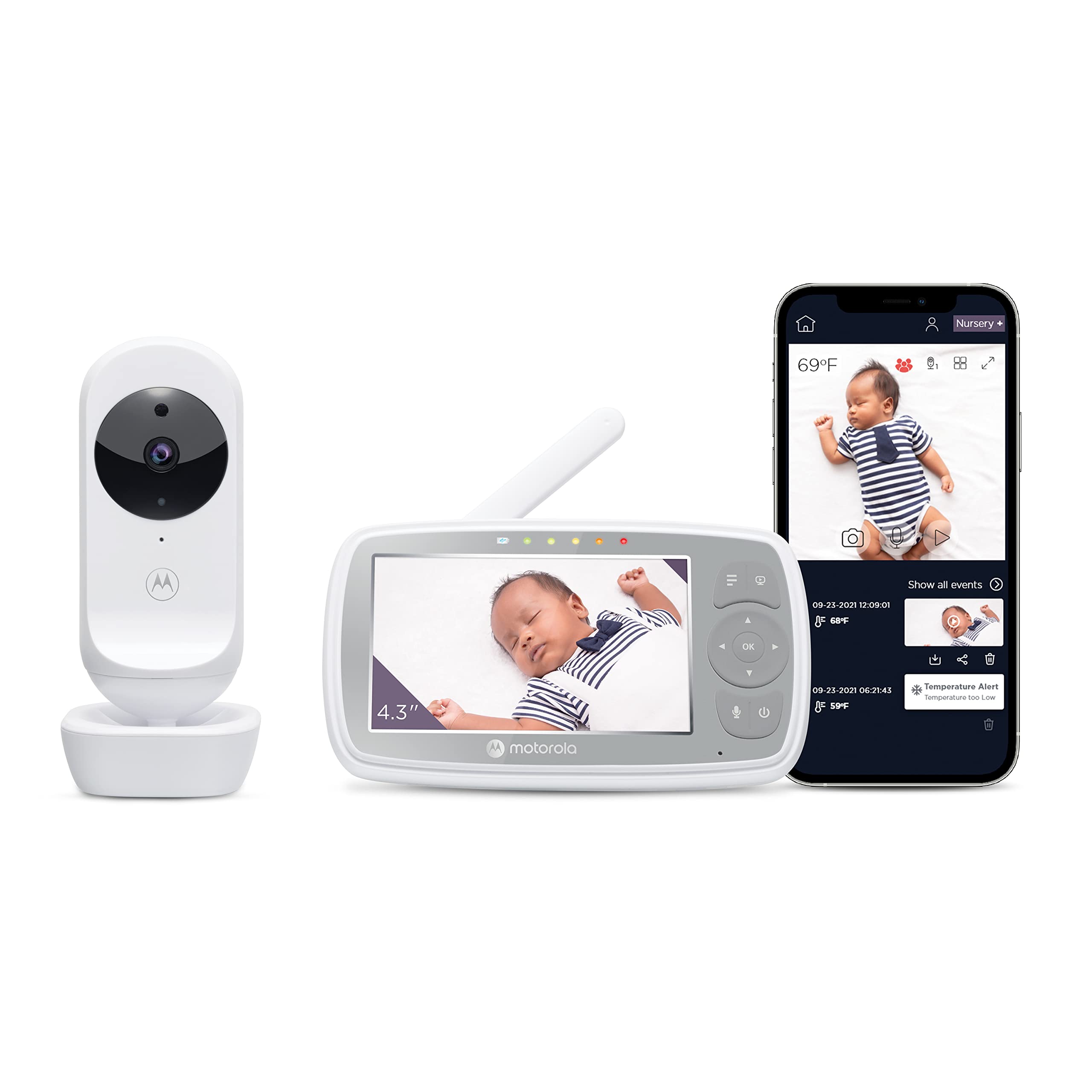 Motorola Nursery Monitor camera view on a 4-3-inch screen for easy viewing.