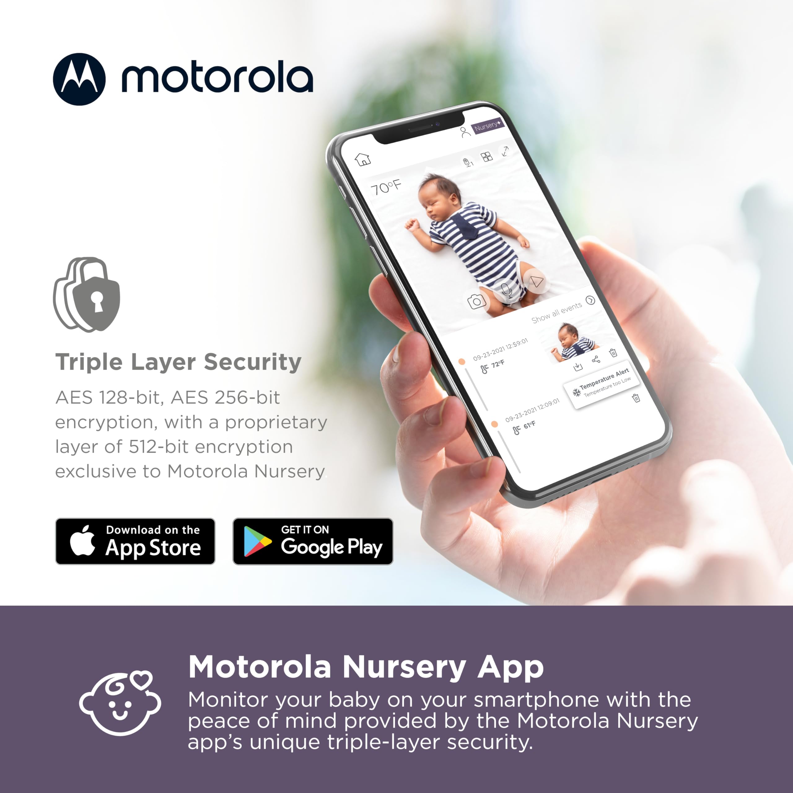 Motorola Nursery Monitor lullabies soothe baby at bedtime.