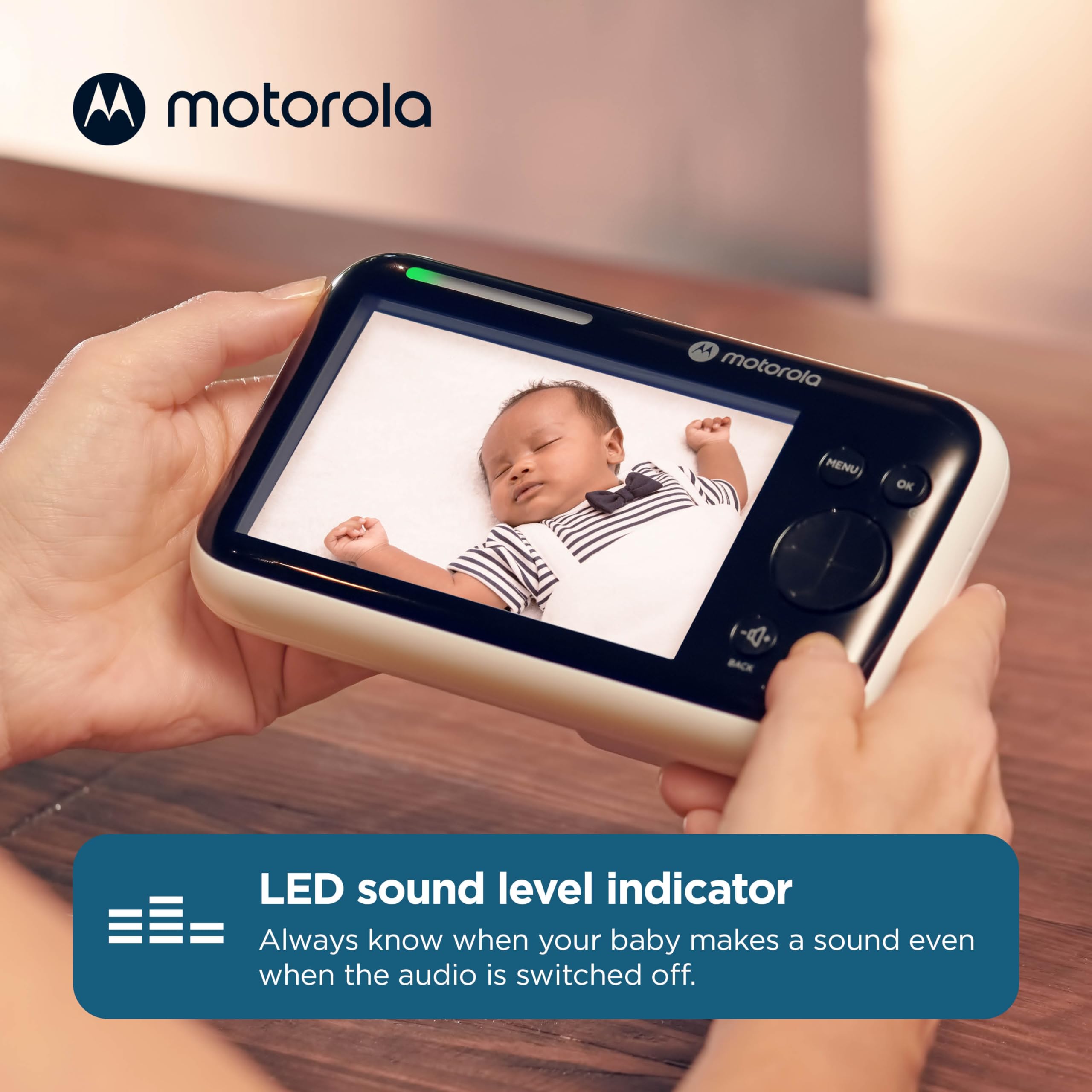 Motorola Nursery motorized camera adjusts view for easier monitoring.