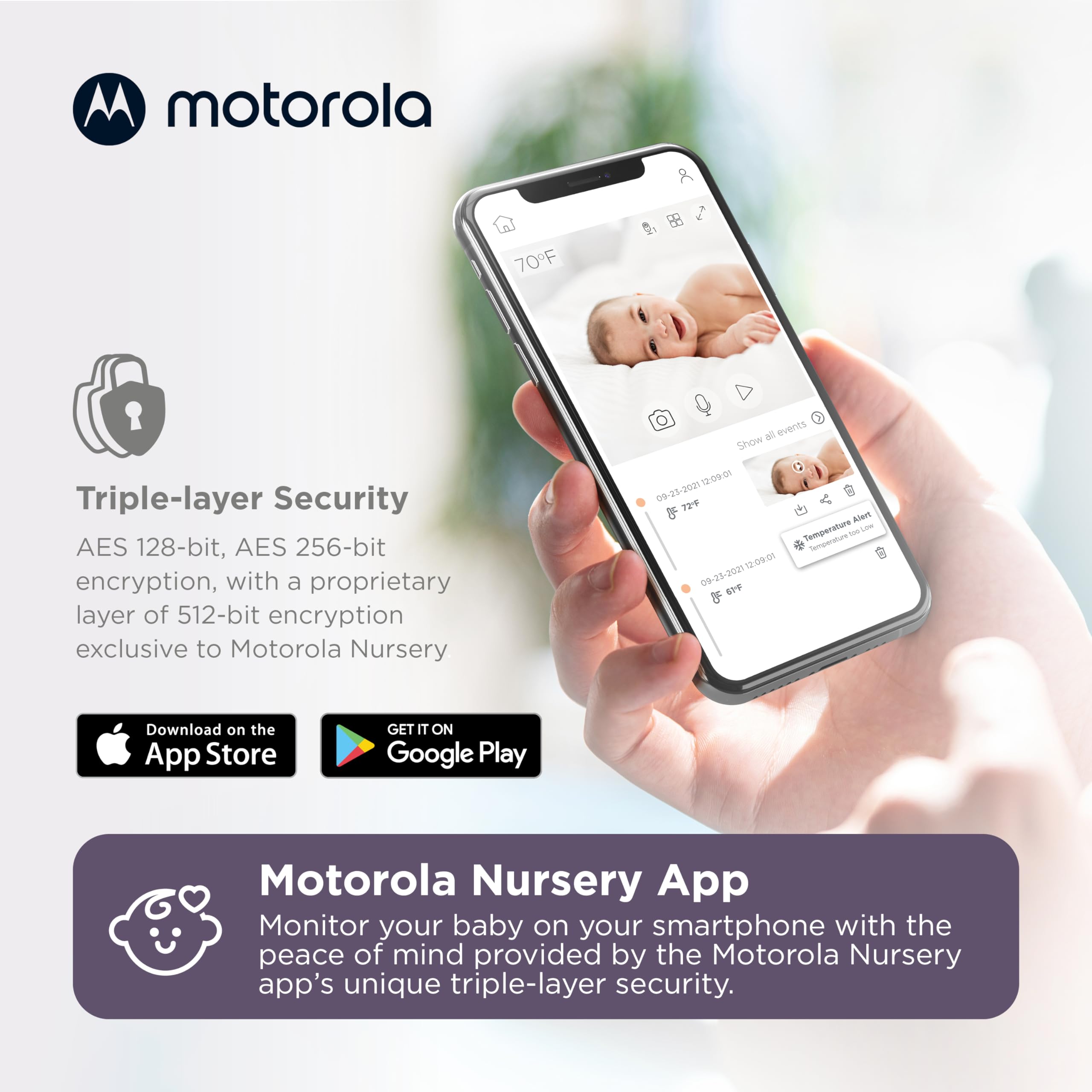 Motorola Nursery secure Wi-Fi app connects you to encrypted streams from anywhere.
