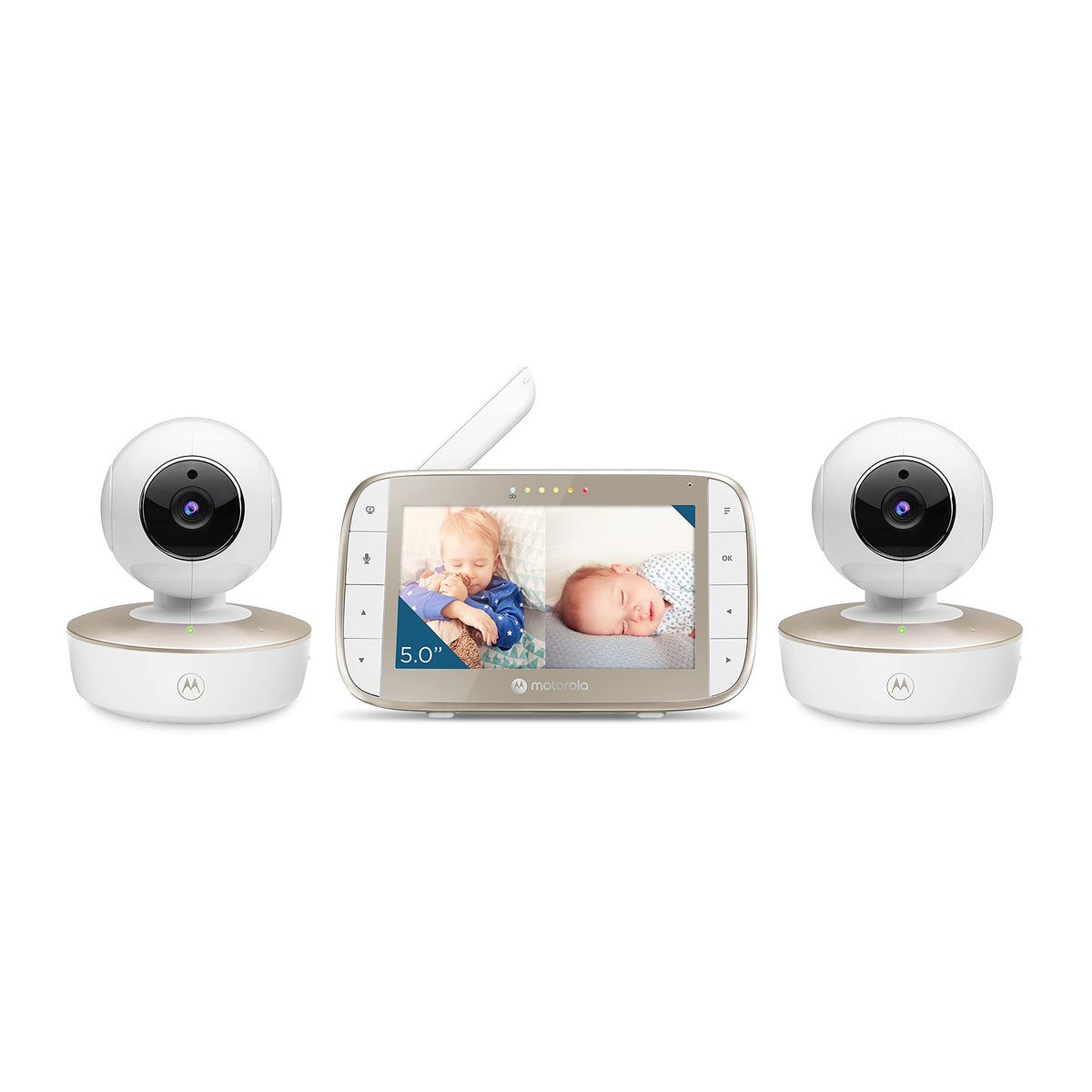 Motorola Nursery VM50G dual-camera setup in split-screen view for full-room visibility