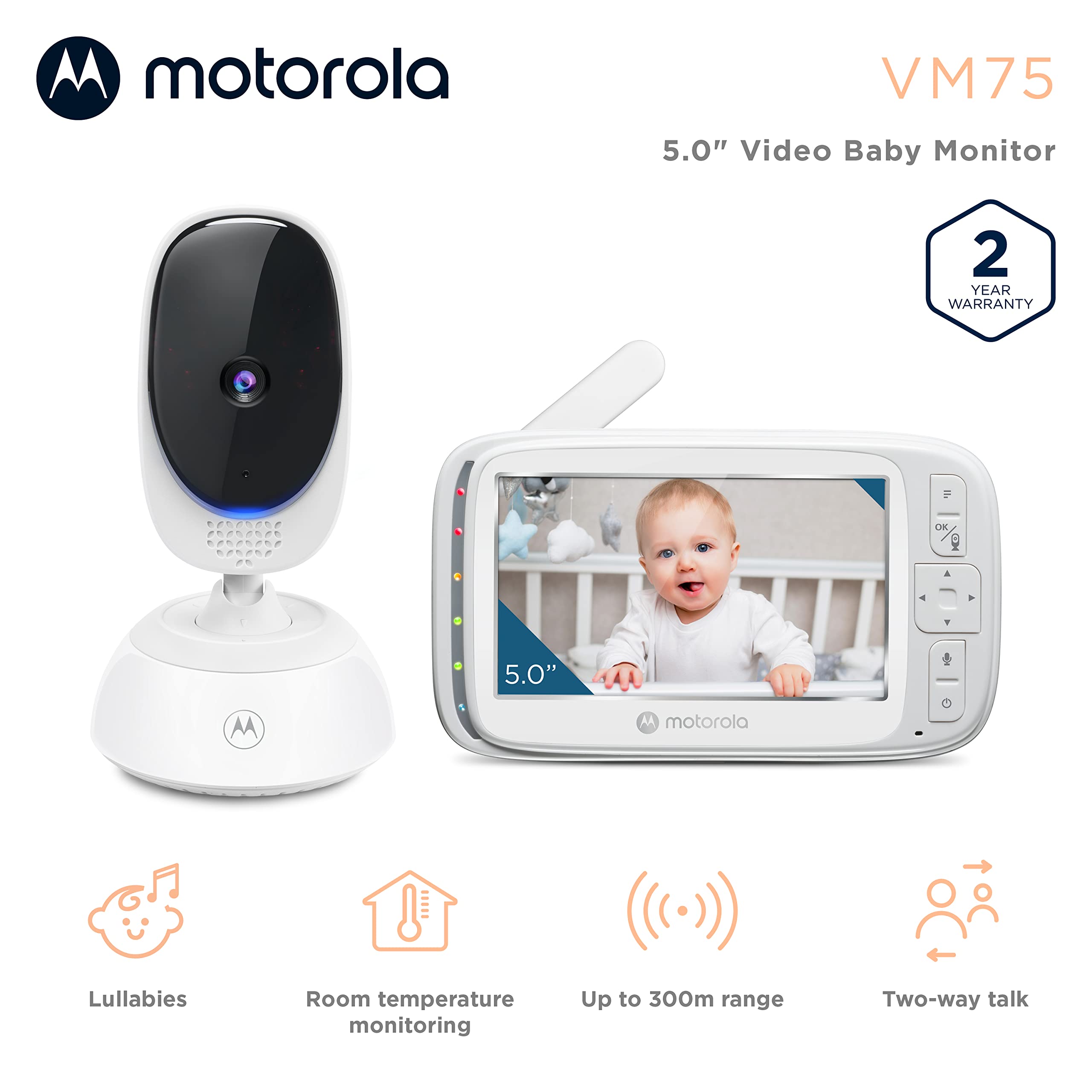 VM75 pan-tilt-zoom enables quick nursery surveys from the parent unit.