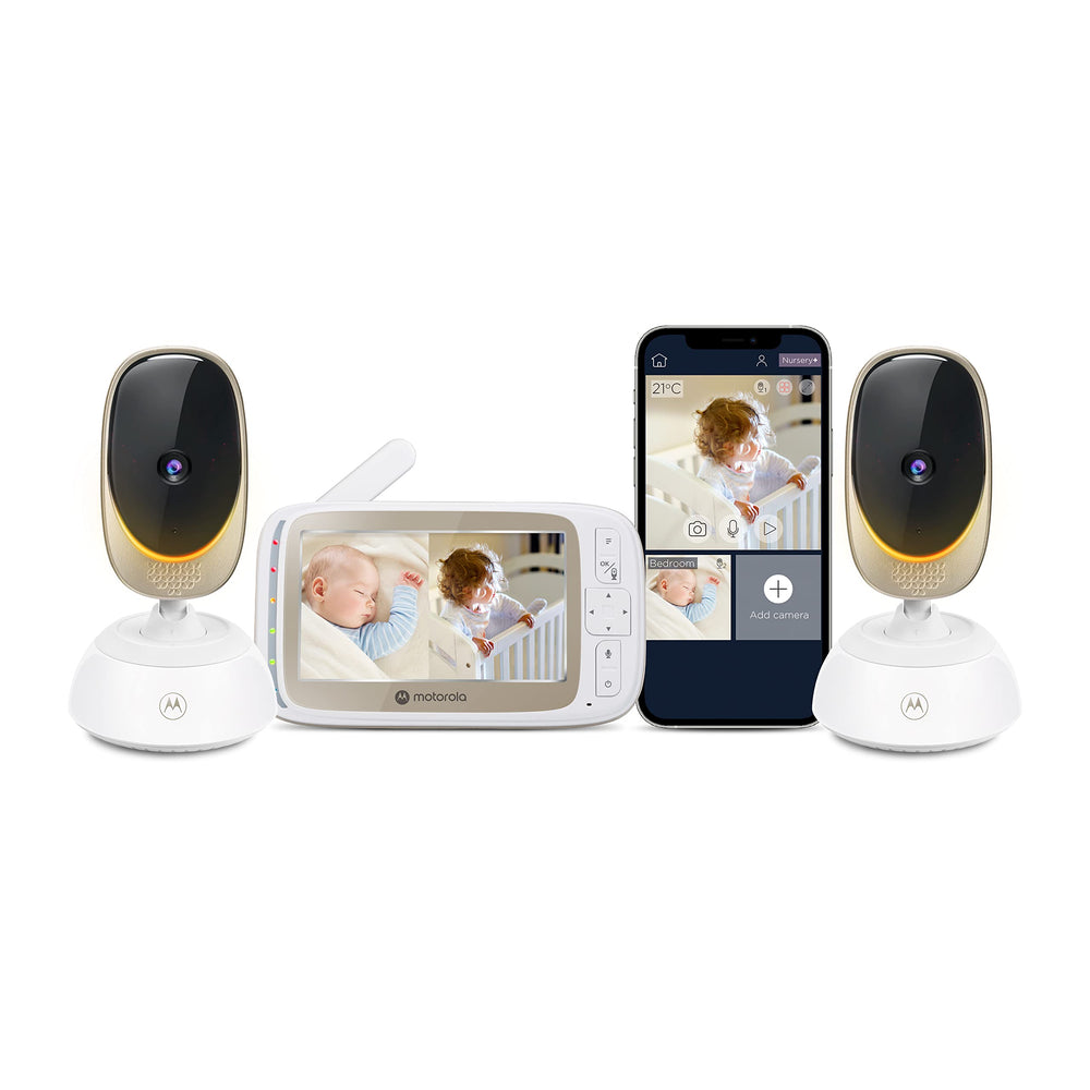 Motorola Nursery VM85-2 dual-camera monitor with remote pan and zoom for wide viewing.